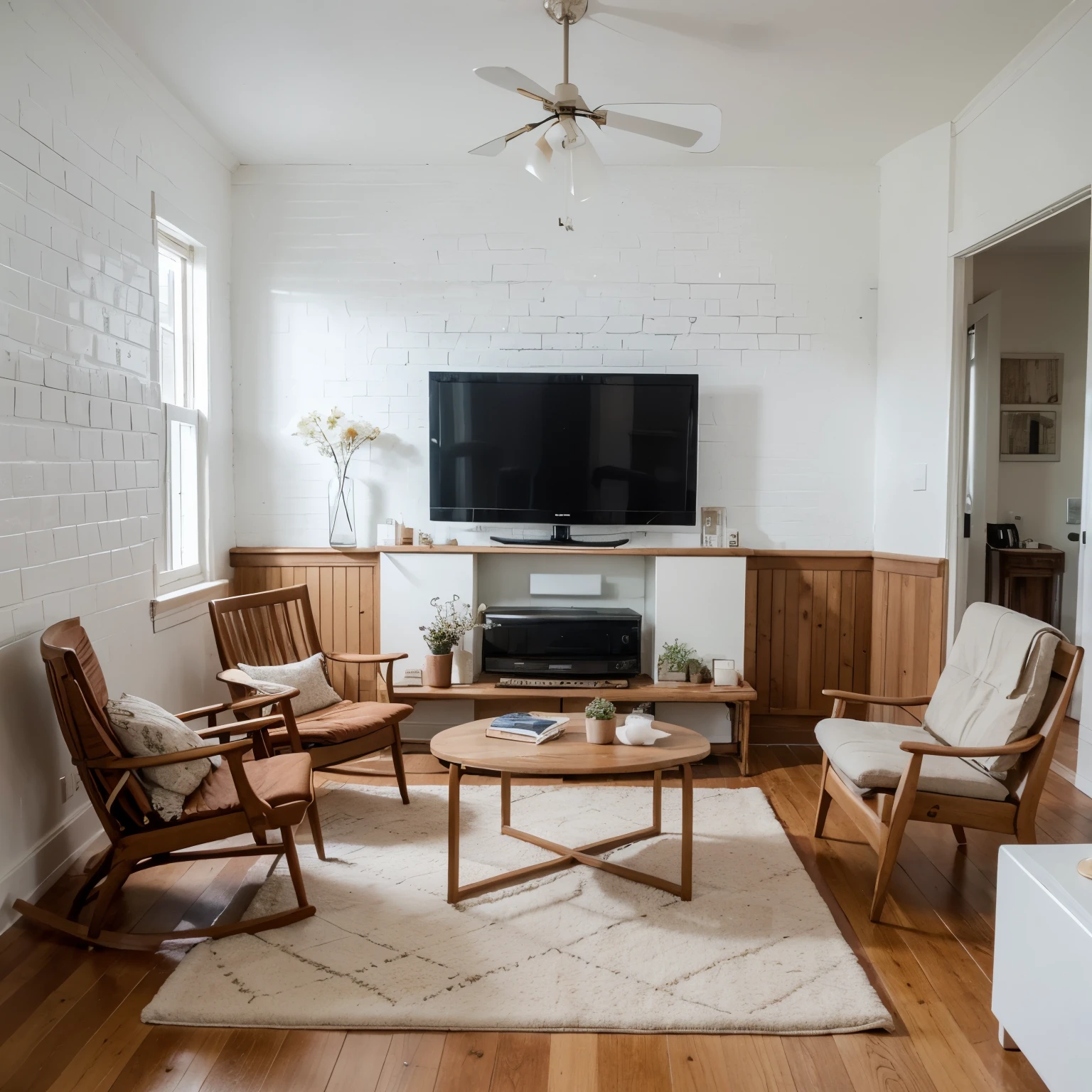 Based on the description, create a living room in a modern style in spring colors. There is a distinctive white decorative brick on the wall. Wooden slats as a decoration. Corner sofa, table with chairs, TV on the wall, living room furniture, decorations and flowers. Realistic photo, photorealism, minimalism