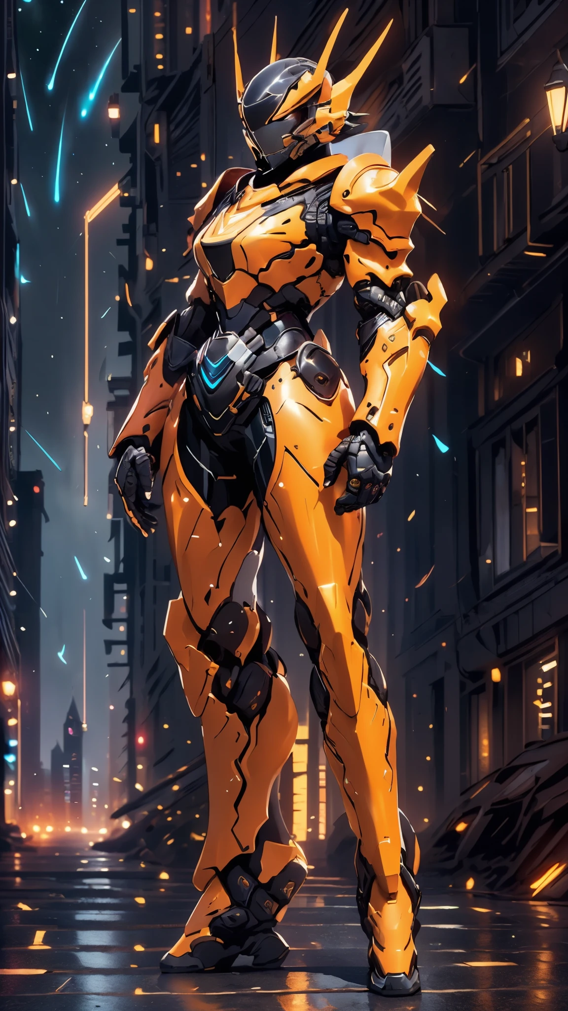 A woman adorned in fantasy-style full-body armor, a crown-concept fully enclosed helmet that unveils only her eyes, a composite layered chest plate, fully encompassing shoulder and hand guards, a lightweight waist armor, form-fitting shin guards, the overall design is heavy-duty yet flexible, ((the armor gleams with a golden glow, complemented by red and blue accents)), exhibiting a noble aura, she floats above a fantasy-surreal high-tech city, this character embodies a finely crafted fantasy-surreal style armored hero in anime style, exquisite and mature manga art style, (Queen bee mixed with Spider concept Armor, photorealistic:1.2, Real texture material:1.2), ((night sky, city night view, elegant, goddess, femminine:1.5)), Unreal Engine 5, metallic, high definition, best quality, highres, ultra-detailed, ultra-fine painting, extremely delicate, professional, anatomically correct, symmetrical face, extremely detailed eyes and face, high quality eyes, creativity, RAW photo, UHD, 32k, Natural light, cinematic lighting, masterpiece-anatomy-perfect, masterpiece:1.5