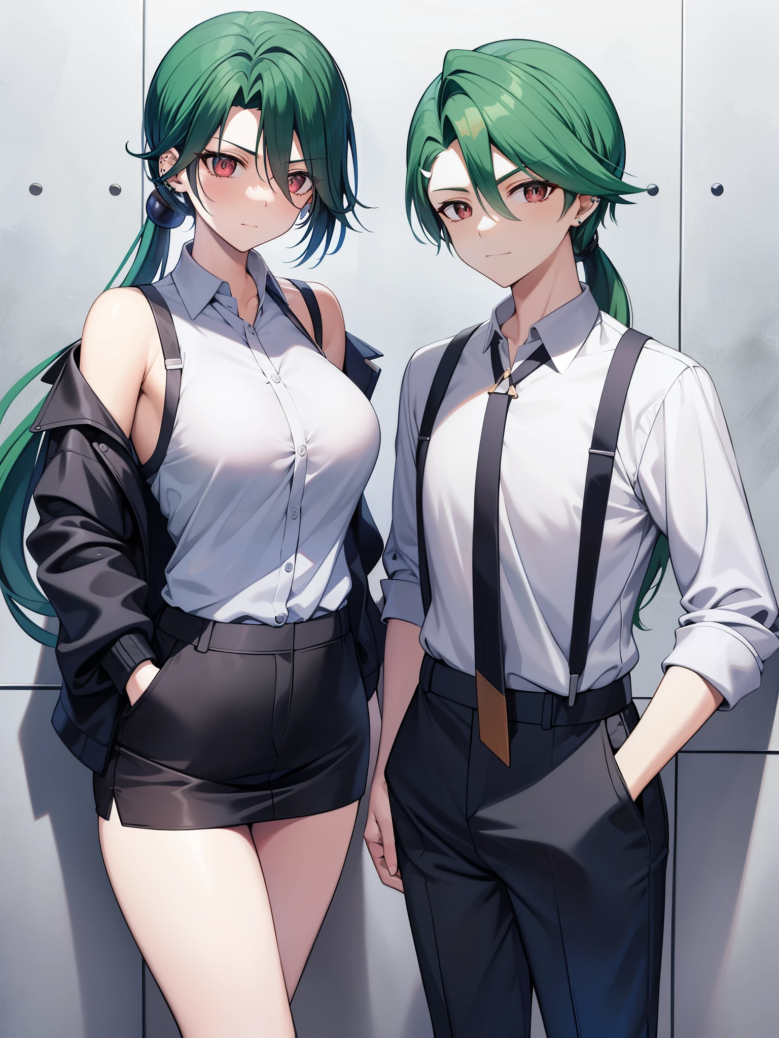 Pokémon、solo、1 person、big tits milf、big tits milf、big tits milf、company、office、Interviewer、Chile、pokemon trainer、じめんタイプのpokemon trainer、tall and slender、He has a handsome face with slanted eyebrows and drooping eyes.、She is characterized by her special two-block green hair with a part of her hair on the right side curved.。Tie the back hair at the nape of the neck and put it in an under ponytail。collared shirt、tie、suspenders、black pants、wear earring suit、Pierced both ears。Because the gray shirt is buttoned on the right side.、Looks like she's wearing men's clothes。I usually keep my hands in my pockets and don't take them out when I walk.。black coat、Interviewerモードの時は黒縁眼鏡をかける。friendly and friendly、Kansai dialect、interview test、「四天王の露払いはこのChileちゃん!」、「I'm so cute with you, so at most... it's a bummer!」
