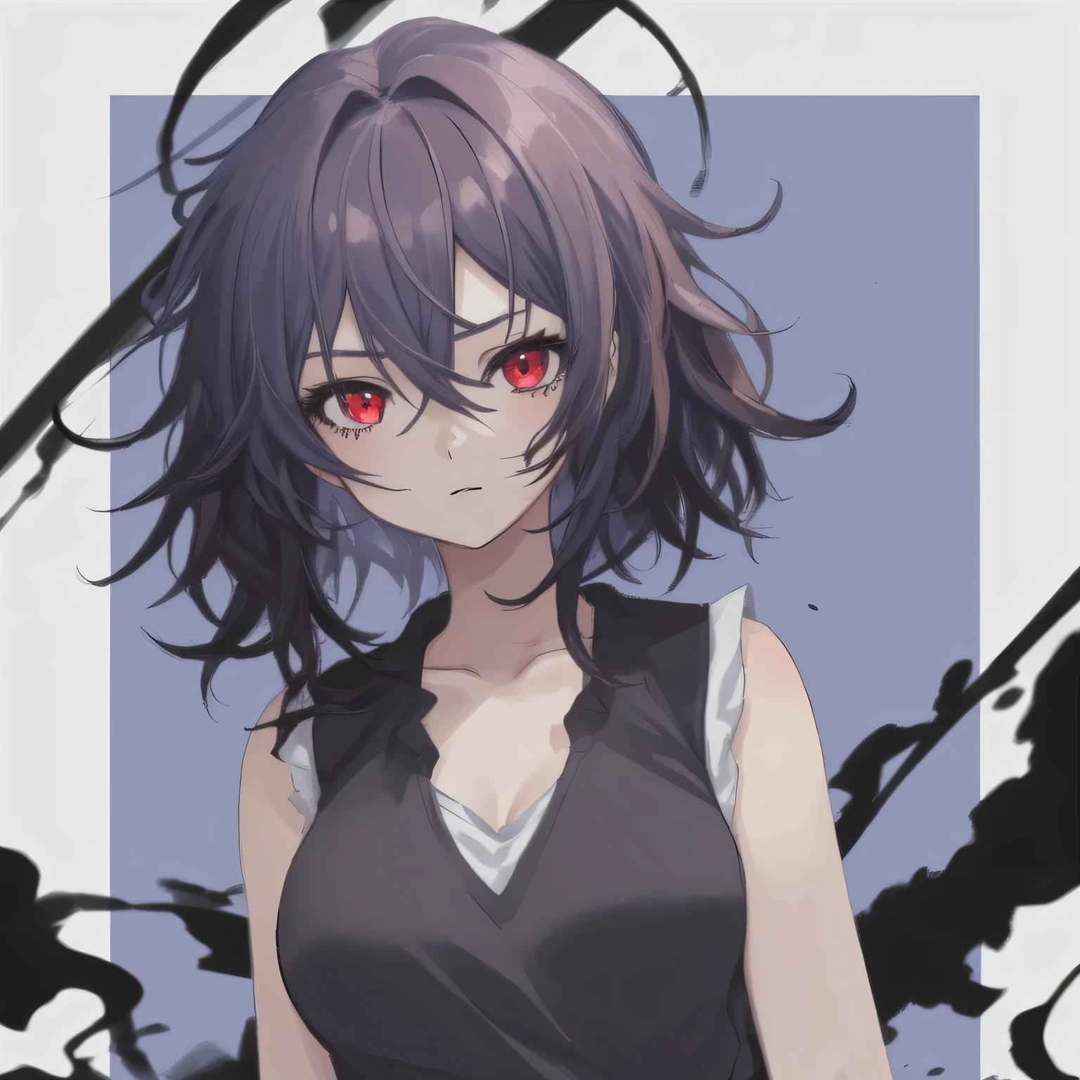 1girl, anime, dark_blue_medium_messy_hair, red_eyes, medium_breasts, sleeveless_vest, white_background, looking_at_viewer