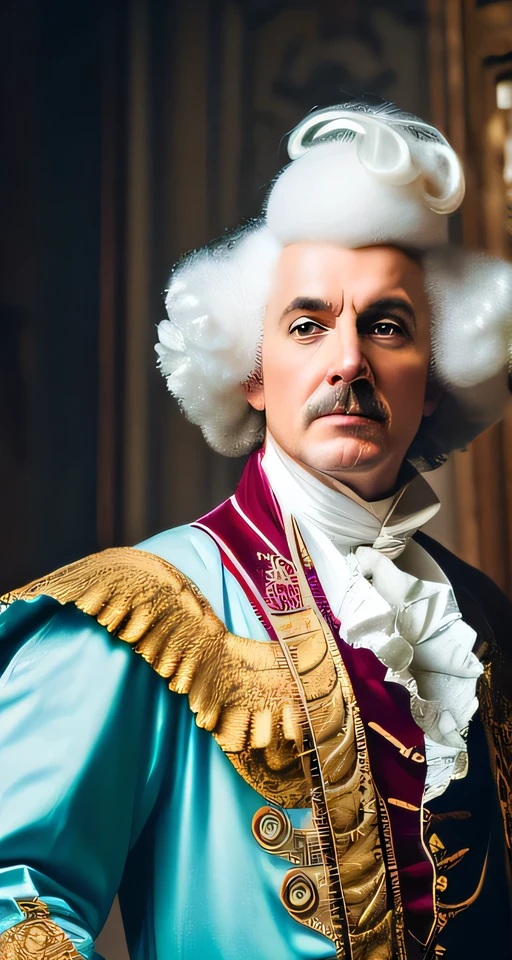 eighteenth century photograph of a man, dressed as a man&#39;wig, People&#39;белый wig, Age of EnlightenPeoplet, man in colorful super detailed eighteenth century costume, rococo, grotesque, diesel-punk, majestic, organic, Hyperrealistic, super detailed, luxury, luxury, photorealistic pastel colors, 32 thousand. contract, Canon EOS P5, Canon EF 85mm f/1. 2L II USM --ru 9:16 --K 2 --B 5. 1 --style raw --s 750 --s 750