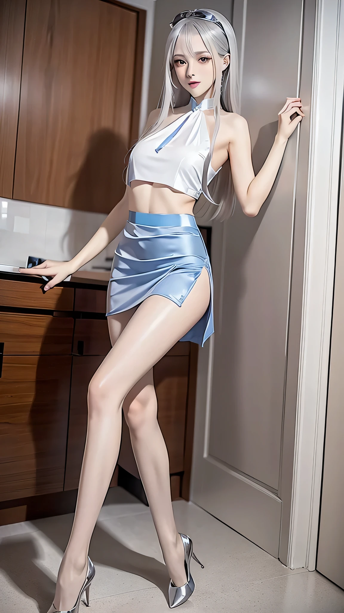 women1people,(full body figure:1.2), (nine heads and bodies:2.0), (thin thighs), (thin and long legs: 2.0), (pumps:1.2), Transparent white glossy skin, 25 years old, cute sexy little handsome face, thin face, pink lips, parted lips, ( Hair parted to one side:1.5), light blue eyes, sexy face, sexy young woman, Long natural blonde shiny hair,eyebrows are the same color as hair, choker, head band,( silky silver sexy tops:1.3), (silky silver tight skirt :1.3), natural wavy hair, almond eye, (detailed face), Beautiful smile, My cheeks turned red, Medium chest, slender body shape, tight waist, small ass, (people)visible part of the thigh between the skirt of, beautiful hands, thin shoulders, look at the audience, Wind-blowing skirt, standing position, The sea shining in the morning sun, tropical island々, Palm tree