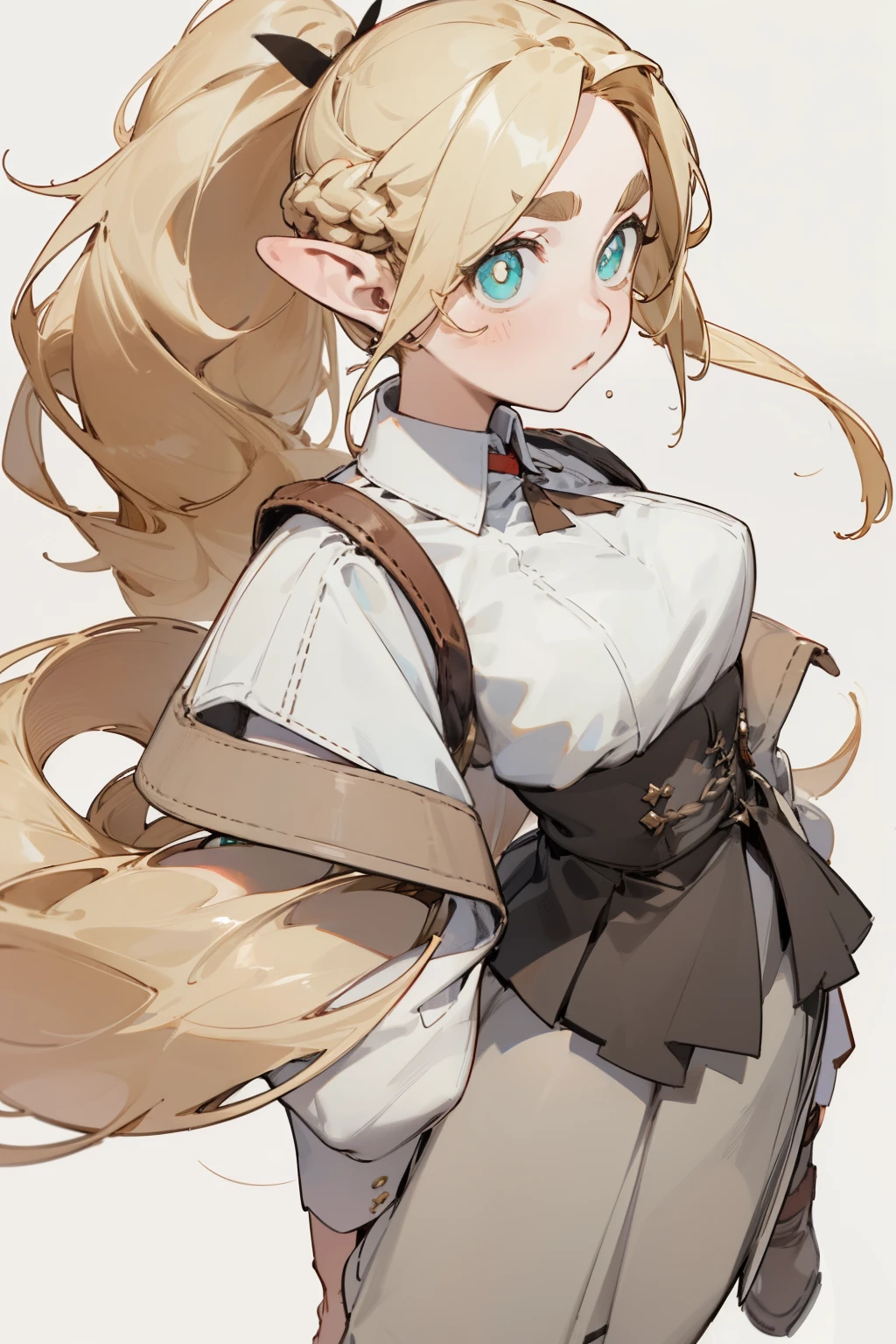 ,pantyhose,skirt,skirt,white top,boots, fashion clothing,),long golden hair,single ponytail,double tail,high ponytail,thick eyebrows, bust and waist,beautiful blonde,(masterpiece),((best quality)),(super detailed),(beautiful eyes beautiful details eyes,Clean and delicate face)