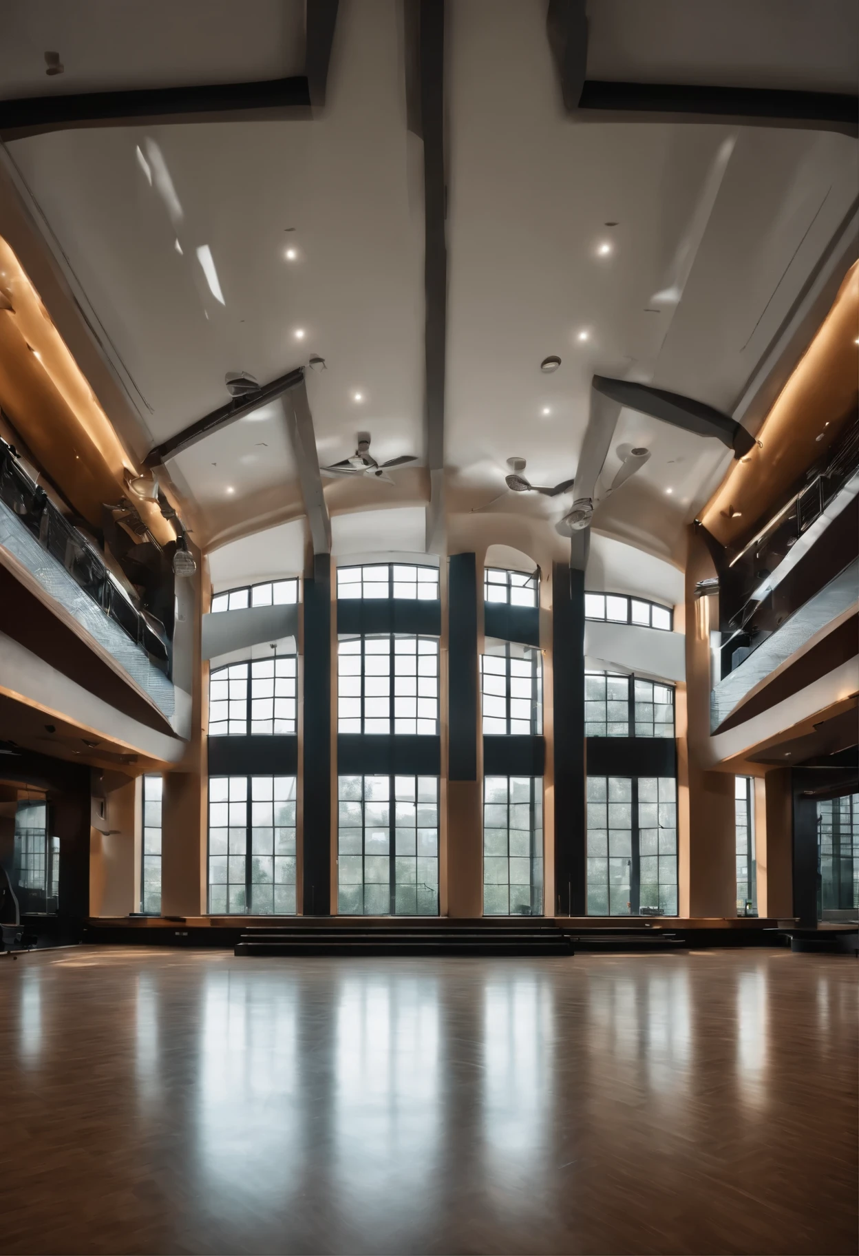 empty bodybuilding gym , High ceiling, five-meter ceiling, one side of the window, only one side of the window, large hall, the hall is in a circular complex, one side of the hall is curved, the curved side has a window.