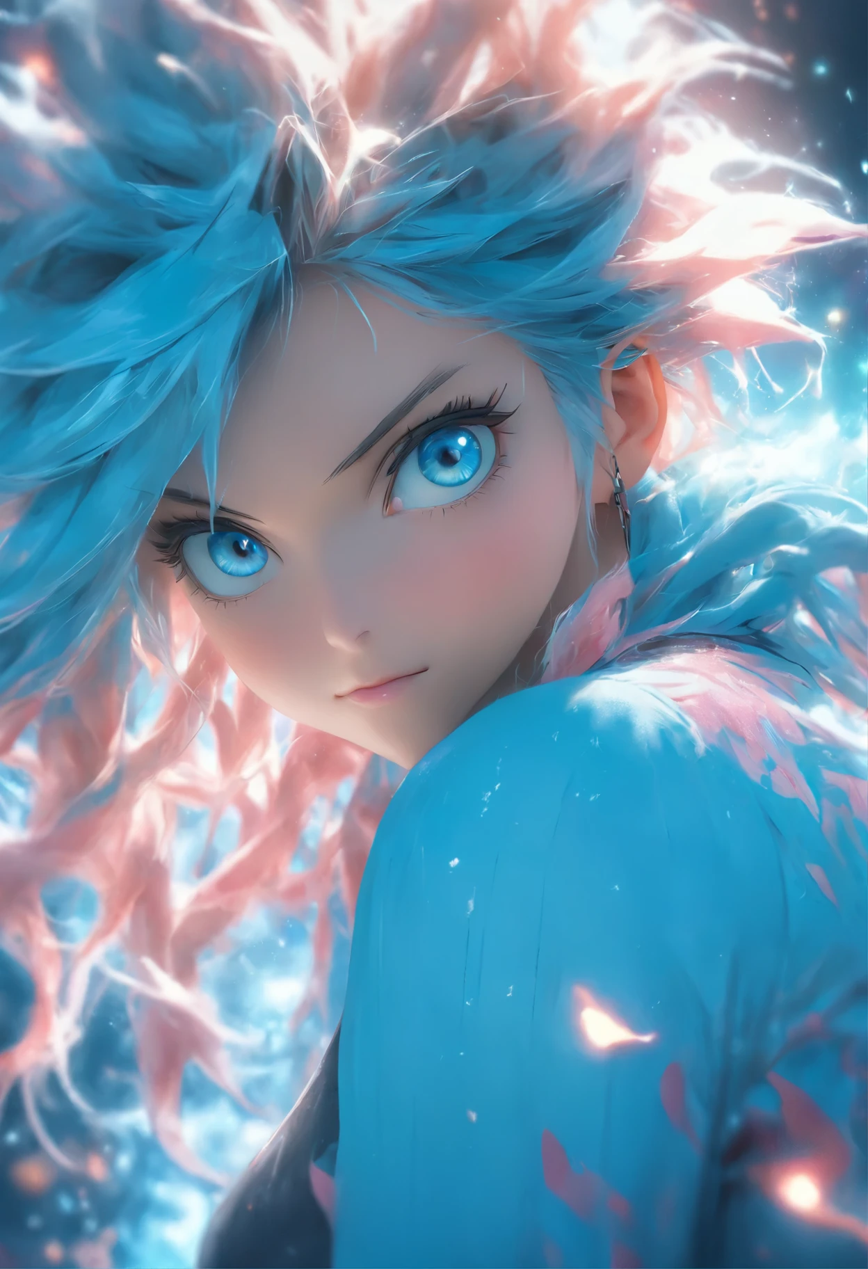 (best quality,4k,8k,highres,masterpiece:1.2),ultra-detailed,(realistic,photorealistic,photo-realistic:1.37),female blue eyes and curt blue hair,talking,portrait,soft lighting,vivid colors