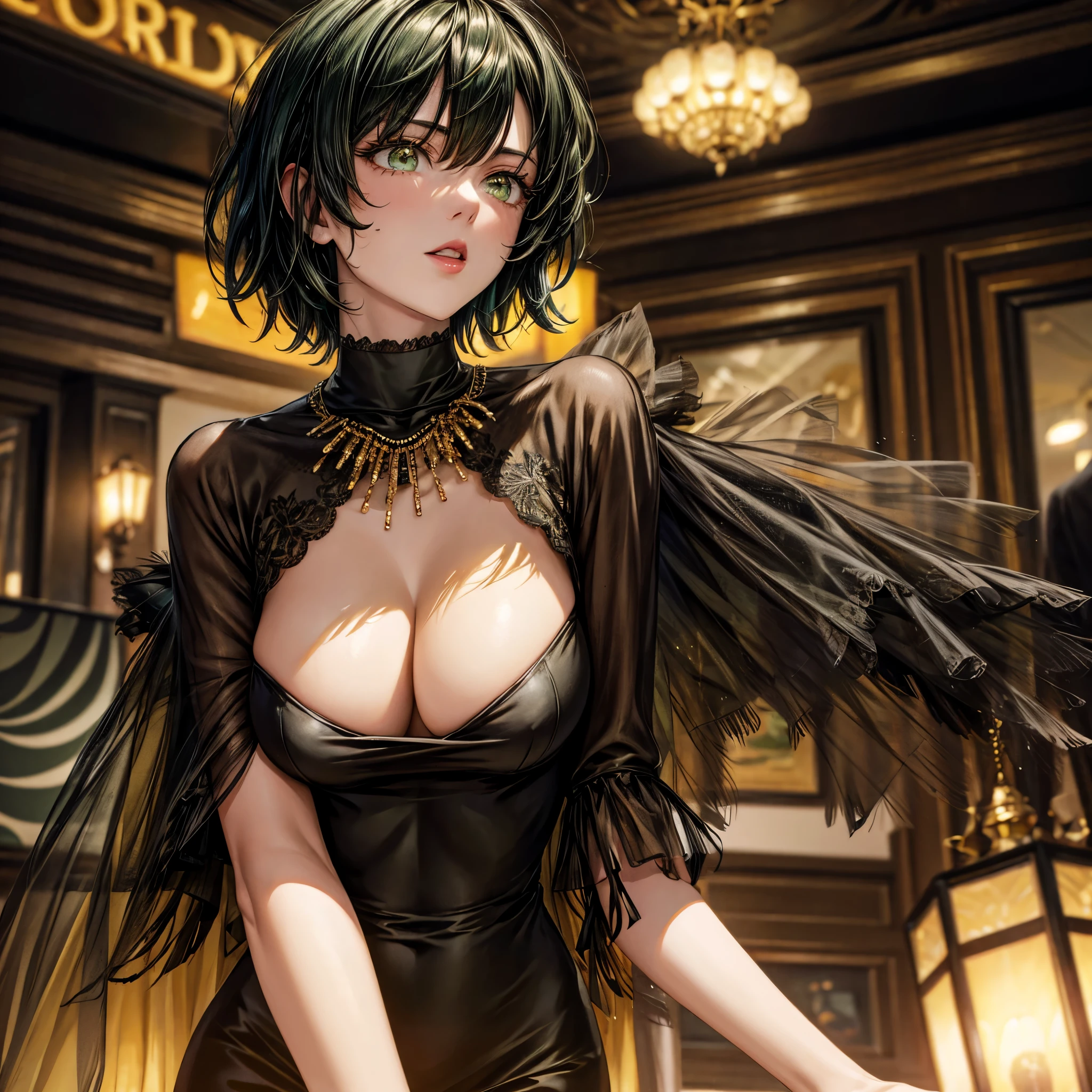 Solo, 1Girl, Fubuki, Fubuki \(One Punch Man\), ((Fluffy Dark Green Hair, Pixie Cut Hair)), Emerald Eyes, Super Busty Breasts, Black Off Shoulder Fancy Dress, Golden Jewellery, Golden Necklaces, Golden Long Earrings, Fancy Public Bar Location, (((Orange-Yellow Lighting))), Chandeliers from Ceiling, Masterpiece, 4K Resolution