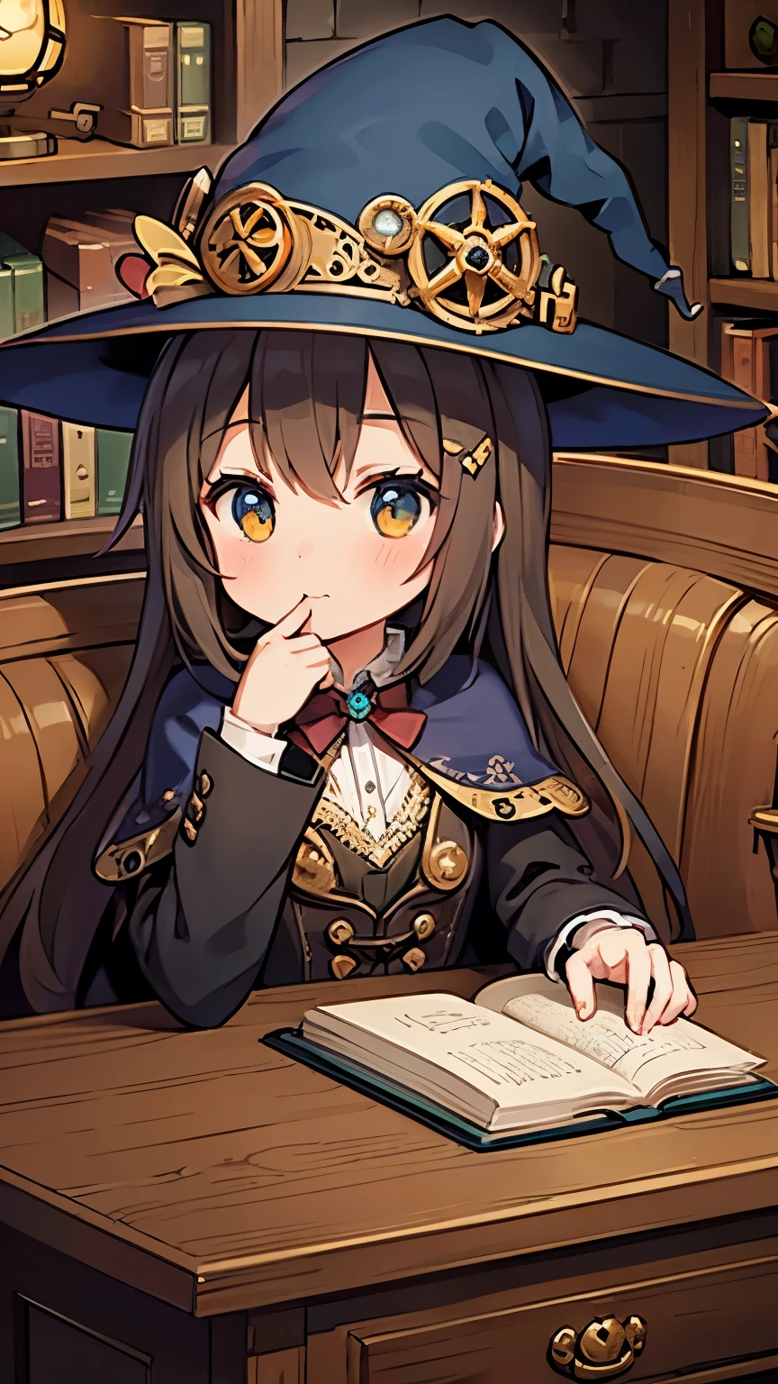 steampunkai。highest quality。masterpiece。detailed details。one girl。cute witch。at the desk、avidly reads an old leather-bound book。The background is the bright interior of the witch's house.。