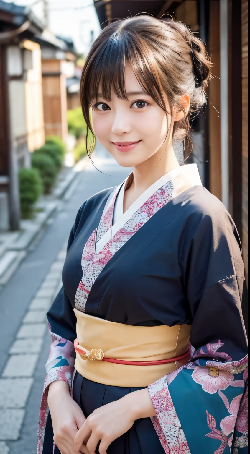 professional lighting,(Photoreal:1.4), (Top image quality:1.0), (超A high resolution:1.0), 8k, Raw photography, (masterpiece:0.2), (Pueros face_v1:0.5)、(最高quality Detail:1.2)、realistic、8k UHD、High resolution、(1 girl:1.2)、超detailedな、High quality textures、intricate details、detailed、Very detailed CG、High quality shadows、detailed 美しく繊細な顔、Beautiful details and delicate eyes、(symmetrical eyes:1.2),Depth of the bounds written、ray tracing,1 girl, japanese girl, (natural smile:1.4),cute, thin, Portrait of a beautiful Japanese woman wearing a kimono, Standing elegantly on a street corner in Kyoto. A kimono with bright traditional patterns, Hair decorated with an elegant and delicate hairpin, and a gentle expression. (Against the backdrop of the old streets of Kyoto:1.4)、soft light on a spring afternoon、adds tranquility to the scene. Rendered in a realistic style with great attention to detail, High resolutionの画像.sky porn, magic hour, (realistic:1.3), finely, quality, (table top:1.2), (realistic:1.2), (最高quality), (複雑なdetailed), dramatic, ray tracing, photograph, +roller