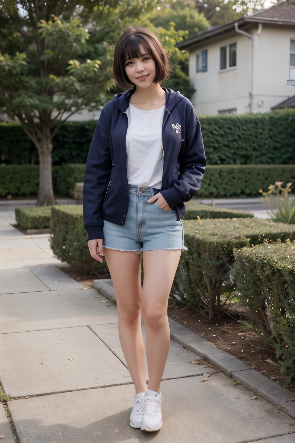 ((best quality)), ((masterpiece)), (detailed), japanese, big blue eyes, light smile, short dark blue hair with bangs, hime style haircuts, light purple zipper hoodies , walk on the gardens, women's 20 years old, medium breast, full body shoot