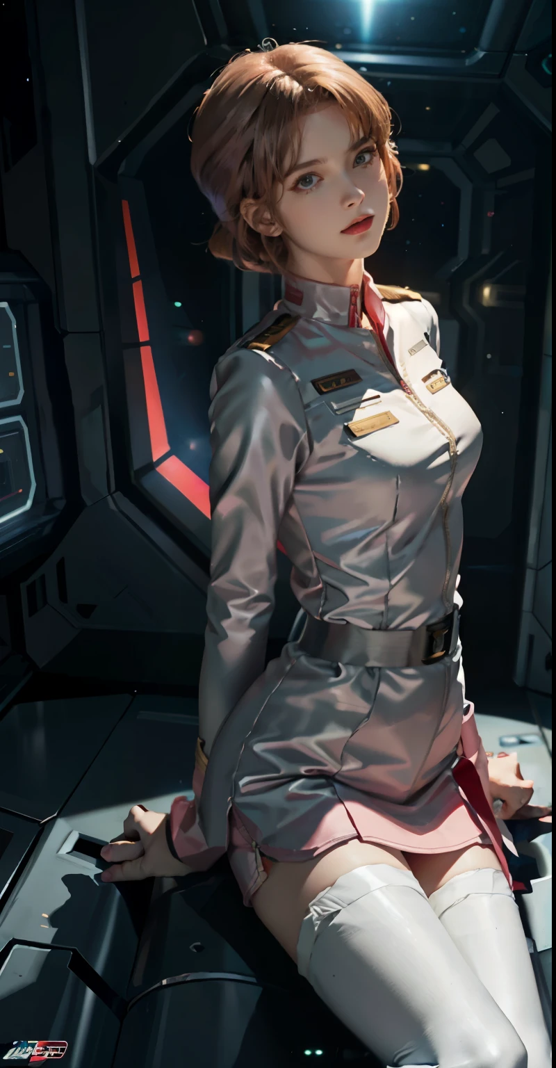 JK woman wearing federal military uniform, miniskirt bare legs、Wearing RR Diner uniform, wearing a space cadet costume, JK uniform, Pilot costume, Frau Bow、Pink Commonwealth Uniform、full uniform, wearing space tech wear, futuristic spaceship crew, white uniform, portrait anime space cadet girl, smooth white tight clothing suit, wearing a human air force jumpsuit, wearing an atompunk jumpsuit, girl in uniform