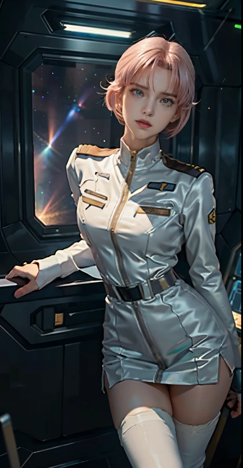 JK woman wearing federal military uniform, miniskirt bare legs、Wearing RR Diner uniform, wearing a space cadet costume, JK uniform, Pilot costume, Frau Bow、Pink Commonwealth Uniform、full uniform, wearing space tech wear, futuristic spaceship crew, white uniform, portrait anime space cadet girl, smooth white tight clothing suit, wearing a human air force jumpsuit, wearing an atompunk jumpsuit, girl in uniform