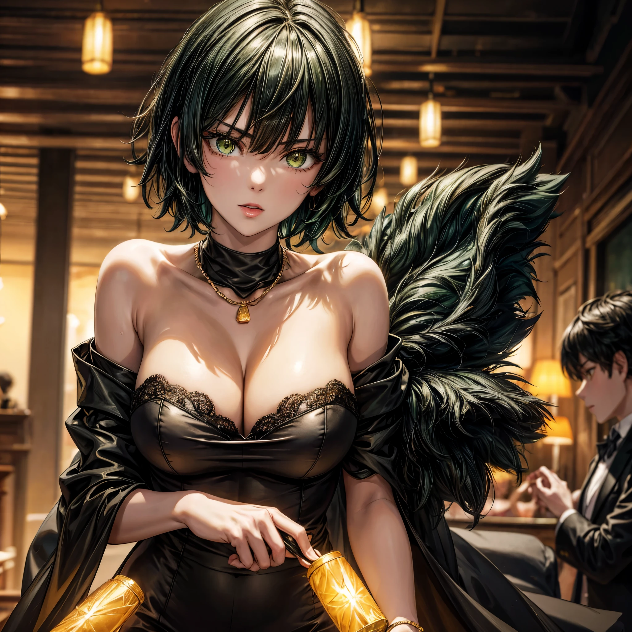 Solo, 1Girl, Fubuki, Fubuki \(One Punch Man\), ((Fluffy Dark Green Hair, Pixie Cut Hair)), Emerald Eyes, Super Busty Breasts, Black Off Shoulder Fancy Dress, Golden Jewellery, Golden Necklaces, Golden Long Earrings, Fancy Public Bar Location, (((Orange-Yellow Lighting))), Chandeliers from Ceiling, Masterpiece, 4K Resolution