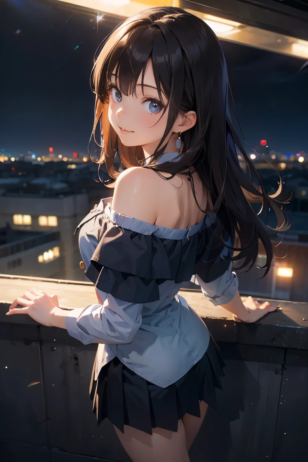 (masutepiece: 1.3), (max resolution: 1.2), (Ultra HDTV: 1.2), cinema lite, Ultra HDTV, (Detailed eyes and skin), (detailed facial features), ultgp, 8K resolution, Sharp Focus: 1.2, Perfect Style, Beautiful Face, accurate, Anatomically correct, Highly detailed face and skin texture, Detailed eyes, Dark-blue eyes, Double eyelids, Thin eyebrows, dropping eyes, (Glitter Eyeliner:1.2), Natural cheeks, Glossy skin, (Fair skin:1.2), shiny necklace and earrings, (Glossy lips: 1.4), break, absurderes, One-person viewpoint, (she is high school Student), (Wearing a Button up shirt, blazer, Pleated mini skirt), ((off-shoulder:1.3)), (shy smile:1.2), ((Innocent and very cute girl:1.3)), (Layered hairstyle, Wavy Hair), (Dark brown hair:1.2), Medium Long Hair, (Full body shot: 1.2), Focus on Face, medium large breasts, (looking back at viewer:1.2), ((sexy pose on Instagram:1.2)), ((In the School Rooftop:1.2)), ((background of night view:1.4)), (from behind:1.2)