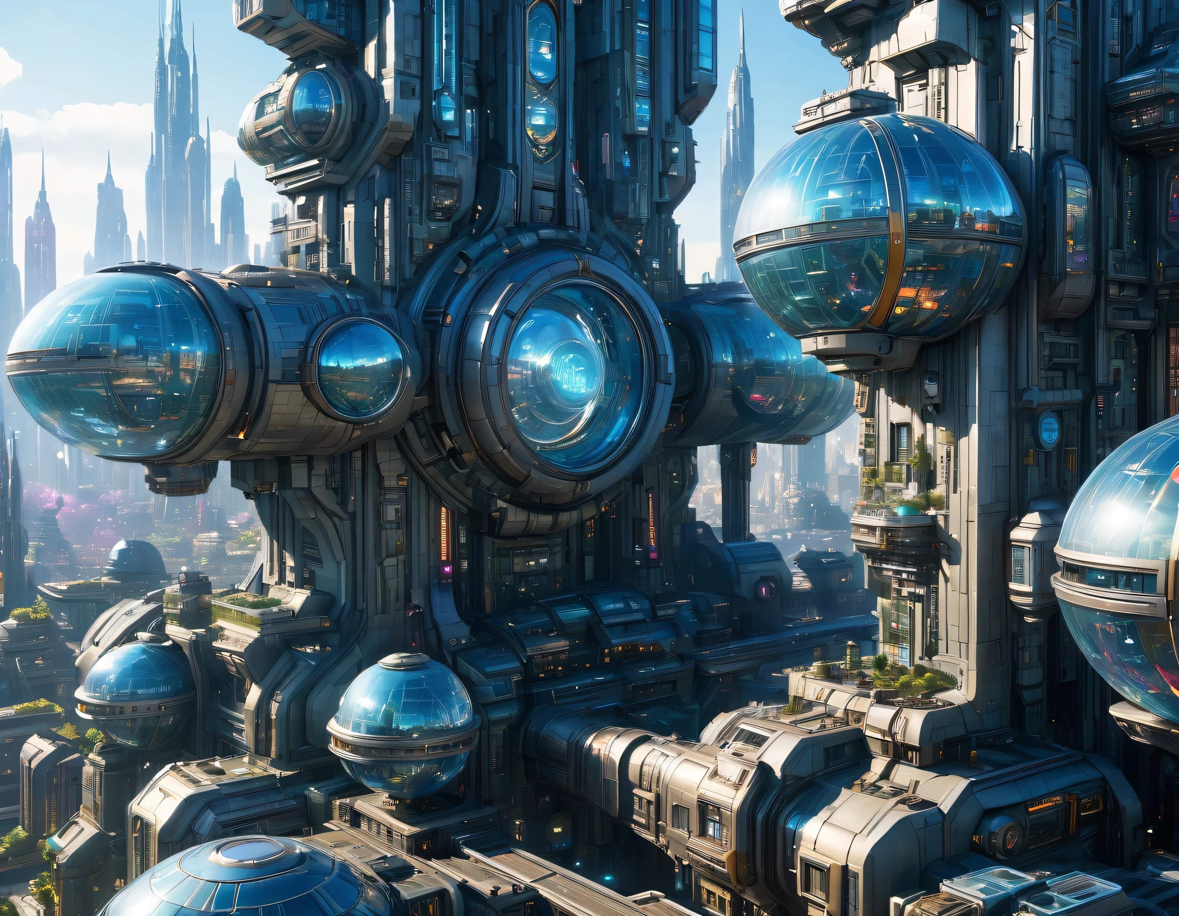 (sunny mid-morning lighting), megacity, megalopolis of an imaginary world of science fiction , parecido a una disneylandia futurista, and maximum fantasy, con inmensos edificios y rascacielos ovalados y dodecaedricos agrupados de metal y cristal donde predomina la plata y los anuncios luminosos de colores. imagen bien definida 8k, (intrincados detalles de la maquina), con muchos edificios juntos.(obra maestra de superior calidad).(imagen fotorrealista), nitidez absoluta hasta el fondo
