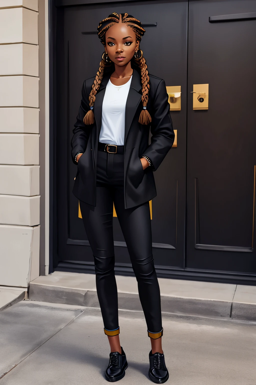 slim african woman with braids wearing a black jacket and black shoes