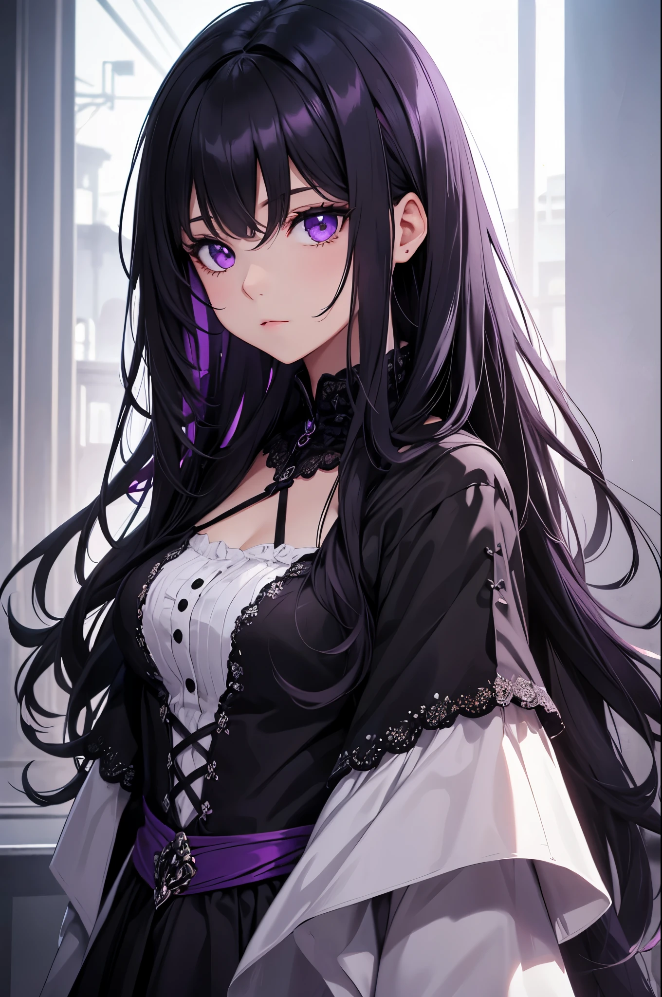 young girl, long dark purple or black hair, violet eyes, Black Rich Closed Clothing, Masterpiece, hiquality, high detail, HD, 4k