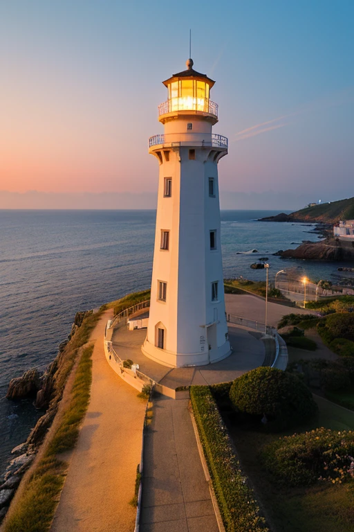 ((highest quality)), ((masterpiece)), Inubosaki Lighthouse,Capturing a panoramic view of the lighthouse at sunset,
