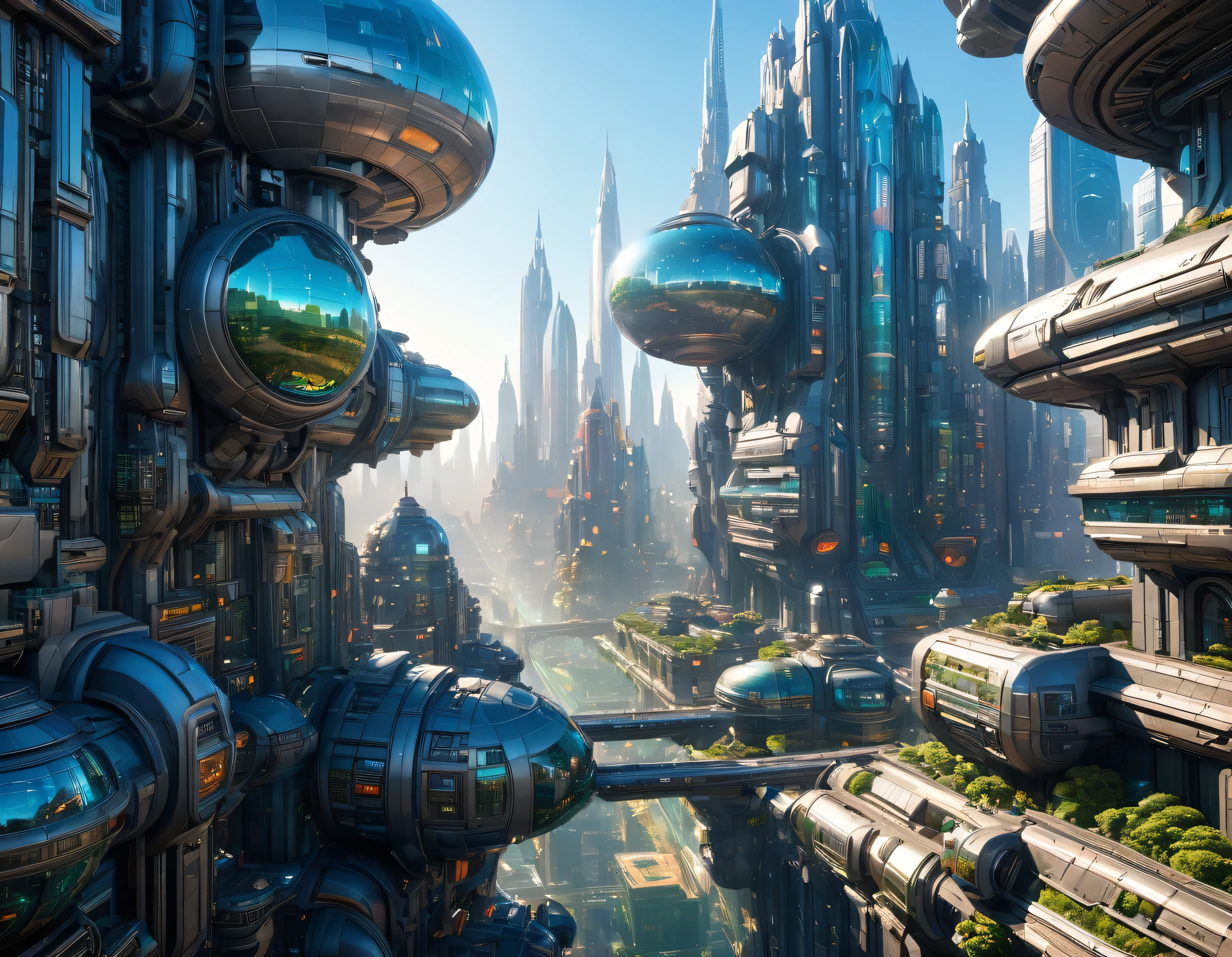 (sunny mid-morning lighting), megacity, megalopolis of an imaginary world of science fiction , parecido a una disneylandia futurista, and maximum fantasy, con inmensos edificios y rascacielos ovalados y dodecaedricos agrupados de metal y cristal donde predomina la plata y los anuncios luminosos de colores. imagen bien definida 8k, (intrincados detalles de la maquina), con muchos edificios juntos.(obra maestra de superior calidad).(imagen fotorrealista), nitidez absoluta hasta el fondo