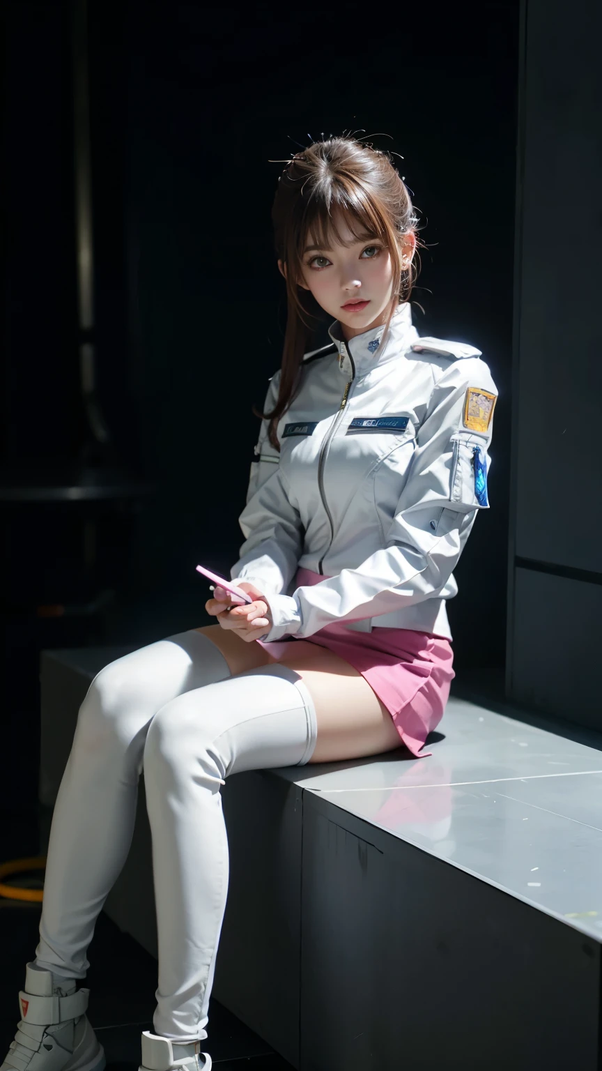 woman in federal army uniform, wearing a space cadet costume, white base crew, ポートレート アニメ フラウ・ボゥ girl, miniskirt bare legs、Inspired by Ren Mei, , pink uniform, sci-fi suit, cyberpunk 2 0 7 7 wearing jacket, Pilot costume, smooth white tight clothing suit, portrait, armored astronaut, girl, sci-fi suit