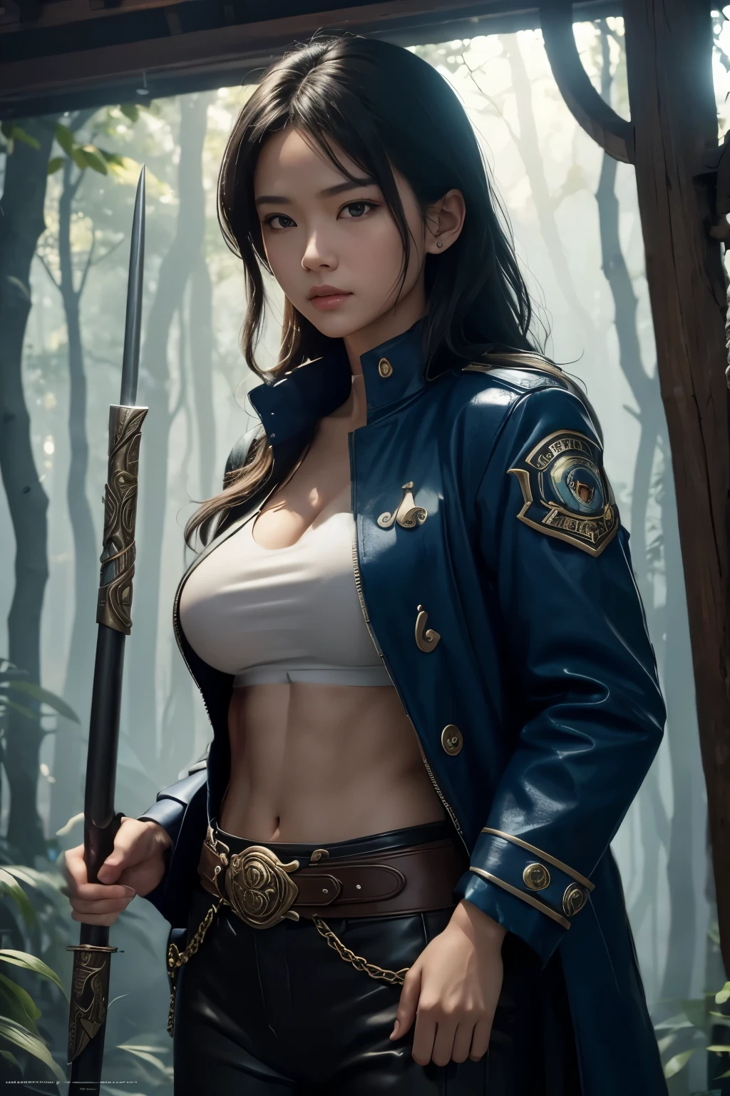 8k,sisters,super beautiful(like the real thing),My sister is cool and short with very big breasts.,lean muscular body,sexy,Crisp narrow eyes,black eye,grim expression,black long perm,blue combat jacket,sexyな黒いシャツ,black combat pants,short,Awkward gaze,compensate,super realistic skin,Makeup,masterpiece,Photorealistic RAW photos of the highest quality。bright colors,rich colors, Backlight, cinematic lighting, film grain, to be born, 50mm lens, Nikon D850,detailed character art,fantasy art,ultra high resolution,super realistic skin,perfect hand shape,in the forest,beautiful expression,Close-up,bangle,Holding up a Buddhist altar tool, a huge ice spear appears.,action scene,dynamic scene,