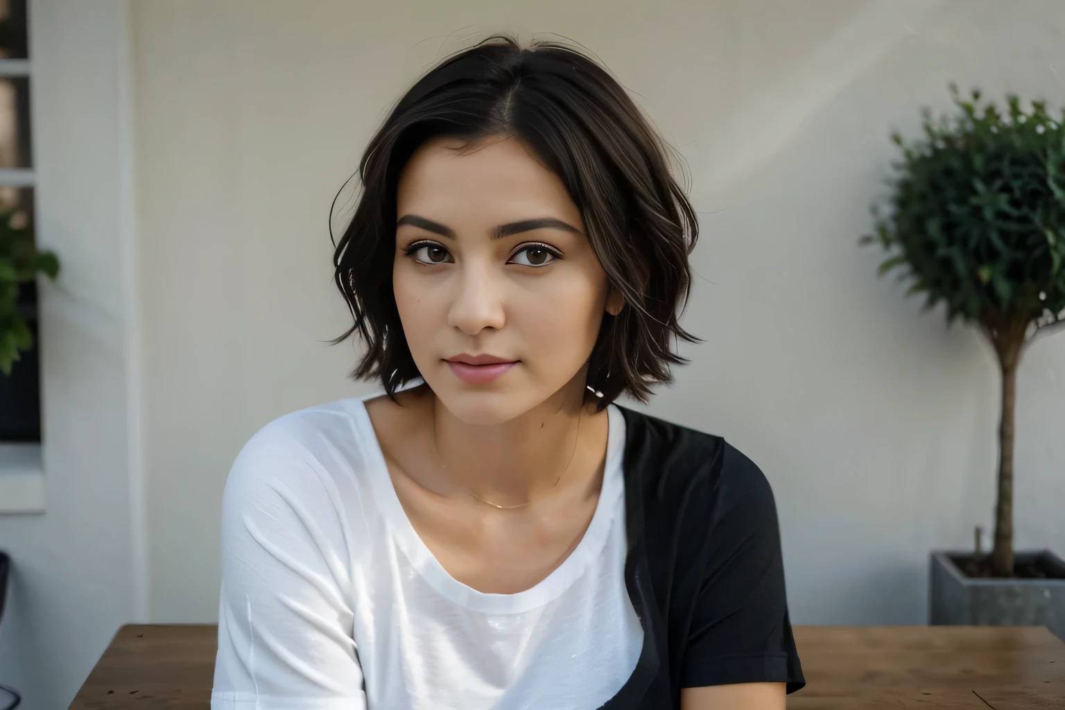Café, sitting near the table, tout le corps, trimmed woman with short black hair,  photo of a Belle femme, femme splendide, gorgeous Belle femme, magnifique visage latina, Femme captivante, Belle jeune femme, very Belle femme, Belle femme, magnifique visage attrayant, Femme magnifique, very belle jeune femme, femme brune, beau visage attrayant, magnifique femme, , beautiful female face, tout le corps shot, elle porte un t shirt 