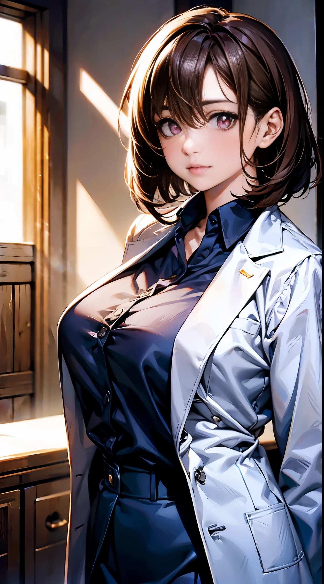 realistic beautiful doctor、amazingly beautiful、((doctor's white coat:1.8, collared shirt))、(highest quality、8k、32K、masterpiece、nfsw:1.3)、超A high resolution,(Photoreal:1.4),RAW photo, detailed face,,beautiful hair, ((doctor style)), , black tight skirt、 natural makeup,, big and full breasts、Inside the hospital, detailed background, perfect lighting, Depth of written boundary, beautiful shadow gradation,Stethoscope, ((strong shining eyes:1.6)), While tying your hair:1.4, ((medium bob:1.6, brown hair))