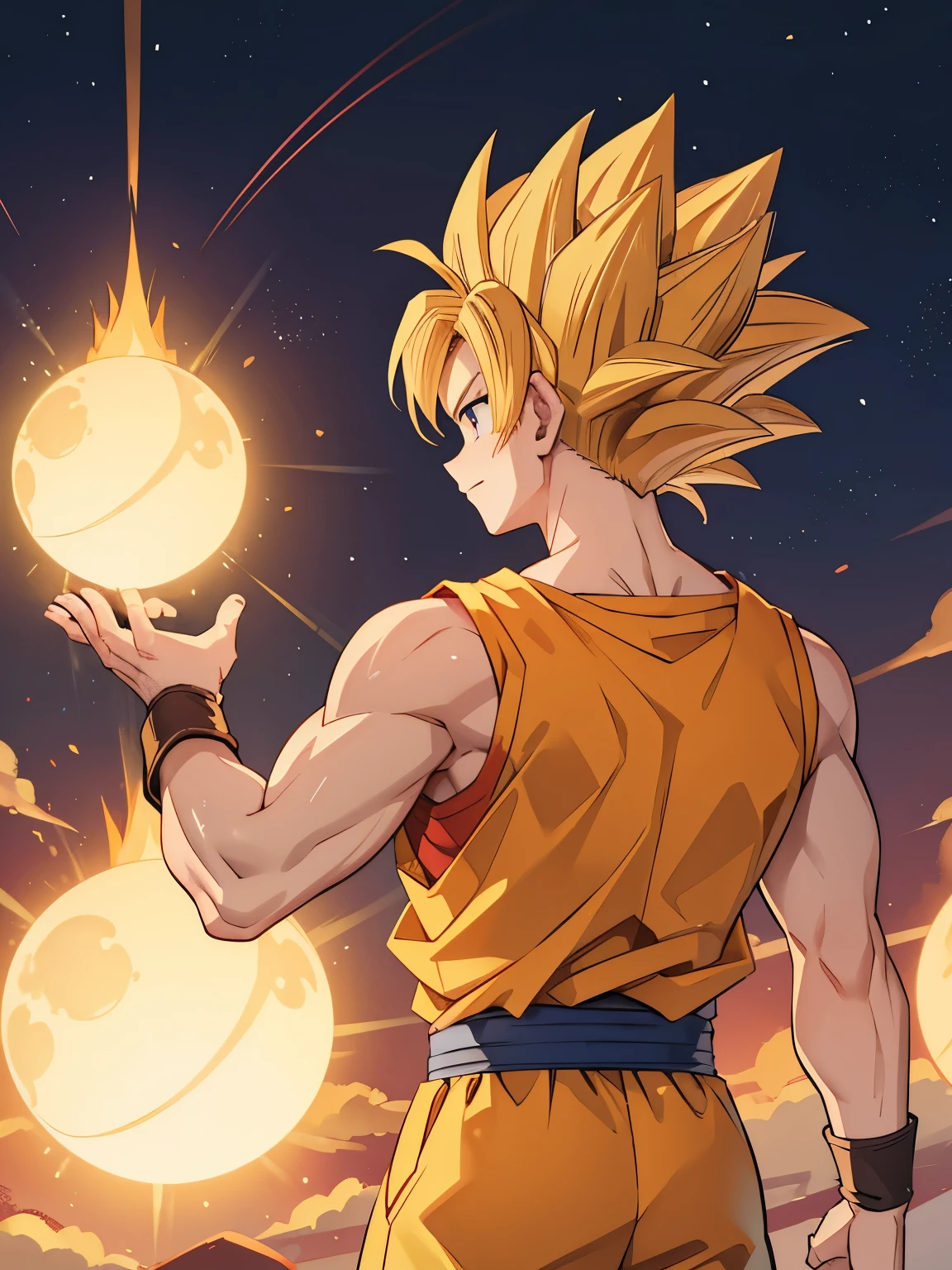 anime、Dragon Ball、Sun Wukong、back view、raise one hand、Super Saiyan