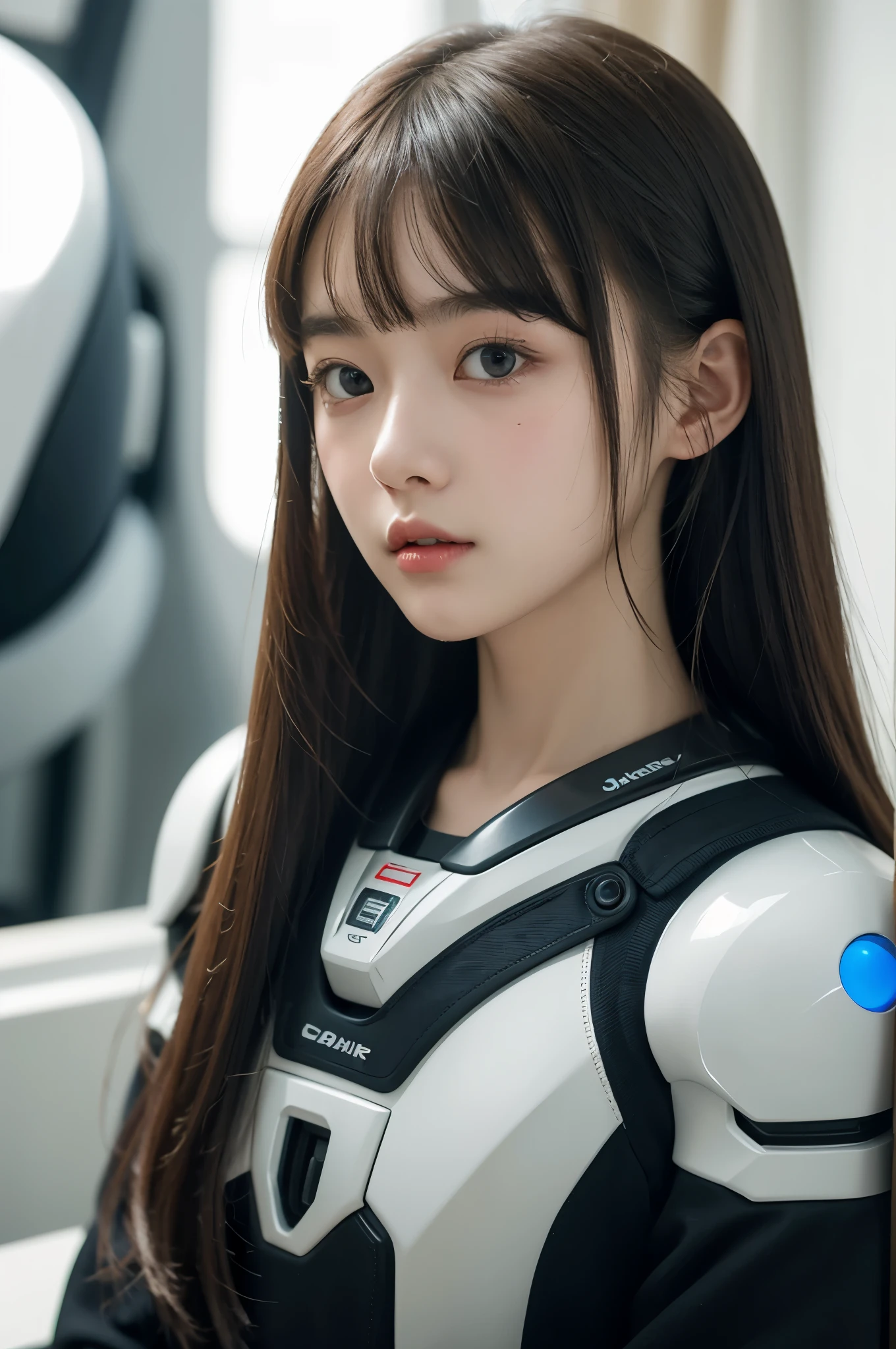 masterpiece, best quality, extremely detailed,portrait, Japanese android girl,ager,18 years old,highschool student,Blunt bangs,perfect teen robot,Japanese highschool uniformPlump ,control panels,robot arms,robot,android,cyborg,white robot body,charging spot,blunt bangs,blue eyes