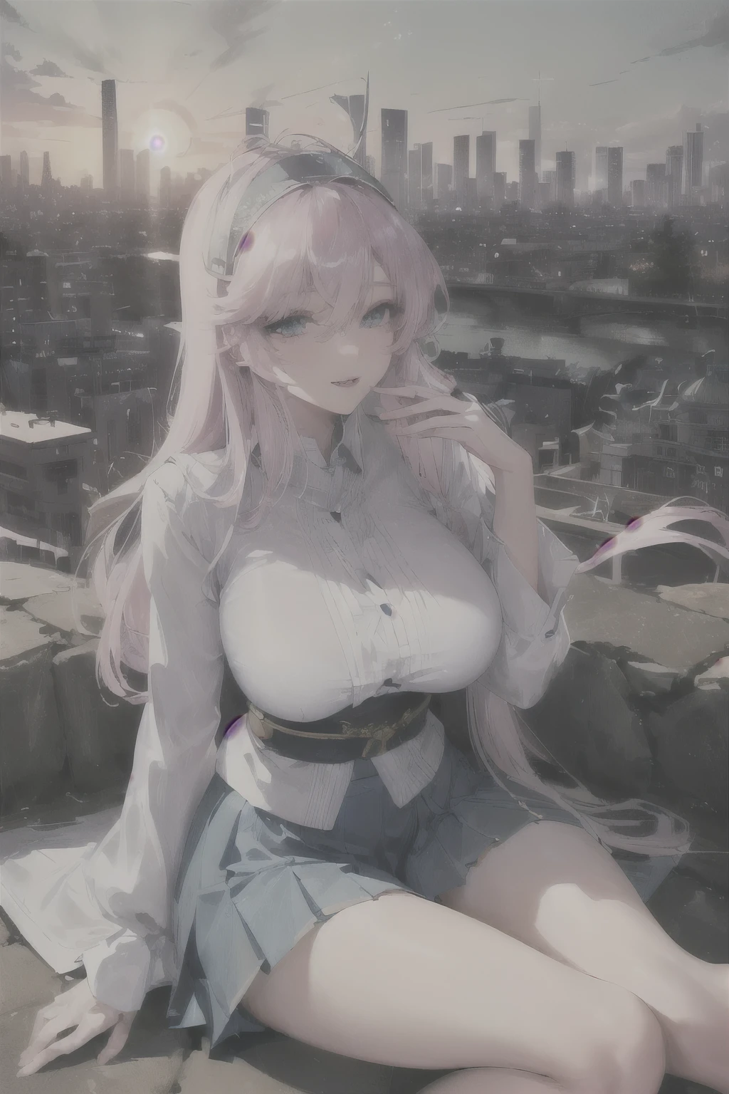 official art, masterpiece, sharp focus, (Beautiful and gorgeous cute Korean girl:1.3), (beautiful and cute korean:1.3), korean beauty, Delicate and beautiful hair, eyes and face, realistic, very detailed, Beautiful girl, blue sky, incandescent particles, (side lights:1.2), sun light, white clouds, Detailed clouds, slim, Lovely very big tits and very big ass, smile with one's teeth, ((laugh with one's eyes, open both eyes)), sight, long straight hair, sexy look, building, (cityscape:1.7), dynamic hair, long straight hair, Detailed platinum pink hair, blue eyes shine, (Blue pleated shirt + blue skirt), White long socks, pale skin, headdress, epic sight,