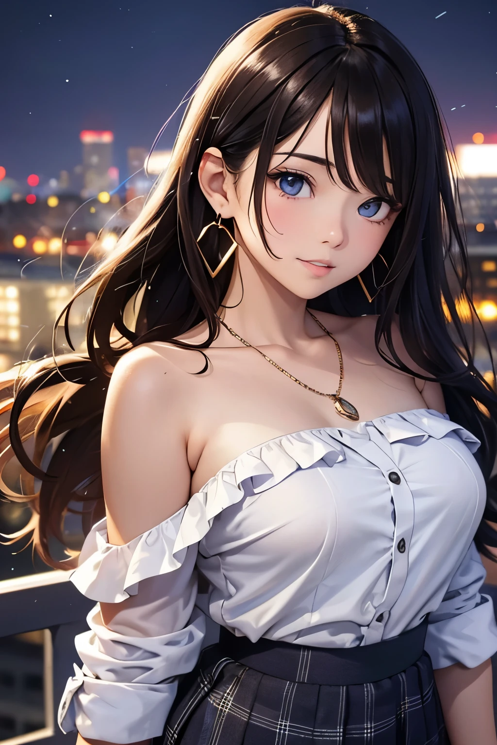 (masutepiece: 1.3), (max resolution: 1.2), (Ultra HDTV: 1.2), cinema lite, Ultra HDTV, (Detailed eyes and skin), (detailed facial features), ultgp, 8K resolution, Sharp Focus: 1.2, Perfect Style, Beautiful Face, accurate, Anatomically correct, Highly detailed face and skin texture, Detailed eyes, Dark-blue eyes, Double eyelids, Thin eyebrows, dropping eyes, (Glitter Eyeliner:1.2), Natural cheeks, Glossy skin, (Fair skin:1.2), shiny necklace and earrings, (Glossy lips: 1.4), break, absurderes, One-person viewpoint, (she is high school Student), (Wearing a Button up shirt, blazer, Pleated mini skirt), ((off-shoulder:1.3)), (shy smile:1.2), ((Innocent and very cute girl:1.3)), (Layered hairstyle, Wavy Hair), (Dark brown hair:1.2), Medium Long Hair, (Full body shot: 1.2), Focus on Face, medium large breasts, (looking back at viewer:1.2), ((sexy pose on Instagram:1.2)), ((In the School Rooftop:1.2)), ((background of night view:1.4)), (from behind:1.2)