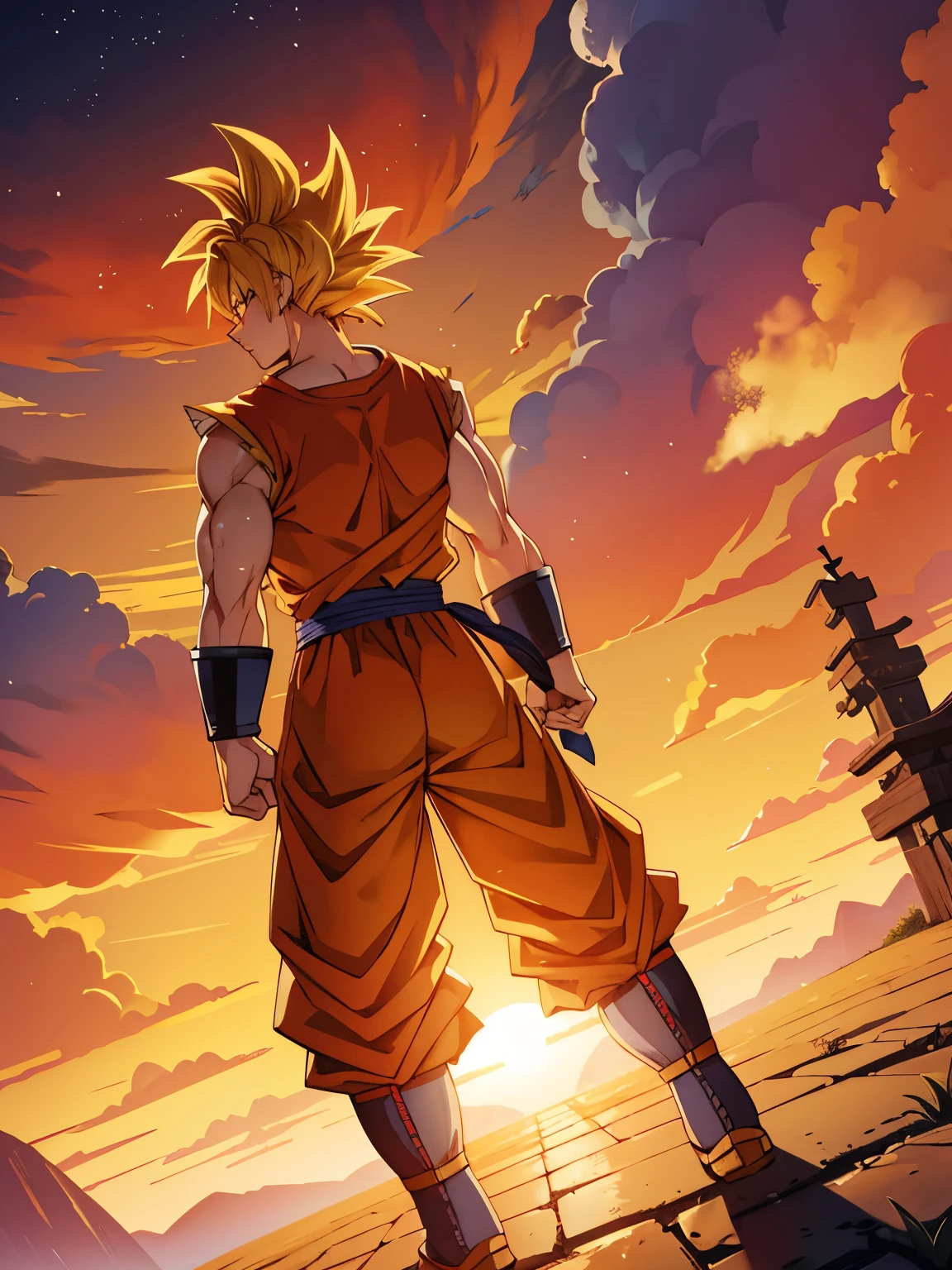 anime、Dragon Ball、Sun Wukong、back view、raise one hand、Super Saiyan