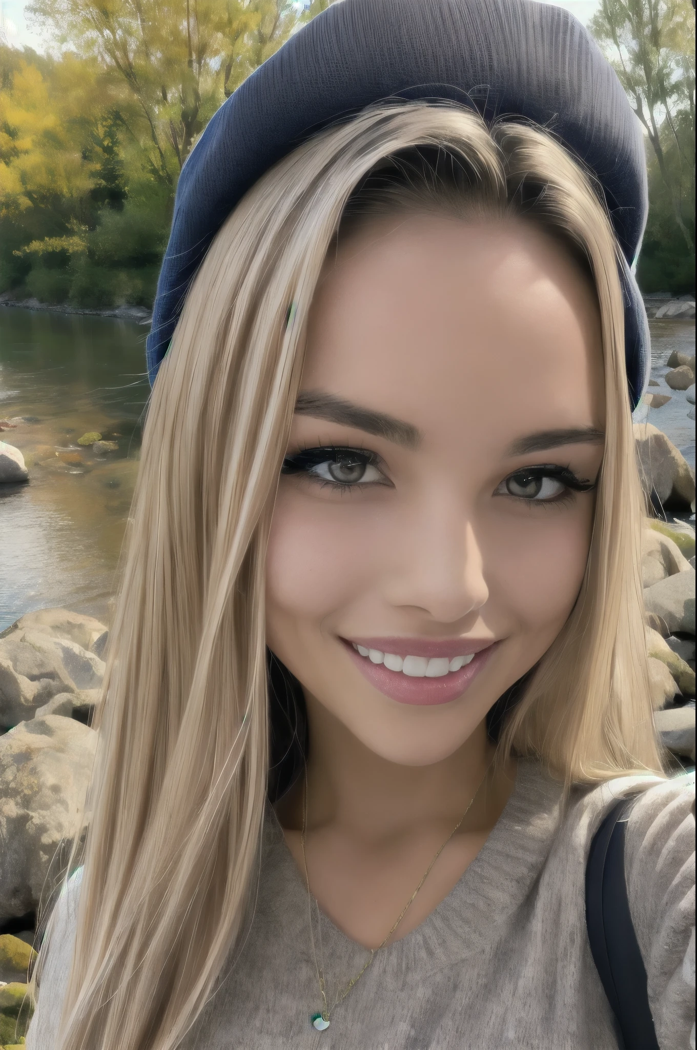 Veronica Bielik, ((upper body selfie, happy)), masterpiece, best quality, ultra-detailed, solo, outdoors, cheerful, happy, backpack, sweater,winter hat, rocks, river, wood, smoke, clear sky, analog style (look at viewer:1.2) (skin texture) (film grain:1.3), (warm hue, warm tone) :1.2), close up, cinematic light, sidelighting, ultra high res, best shadow, RAW, upper body, wearing pullover, kodak vision 3,