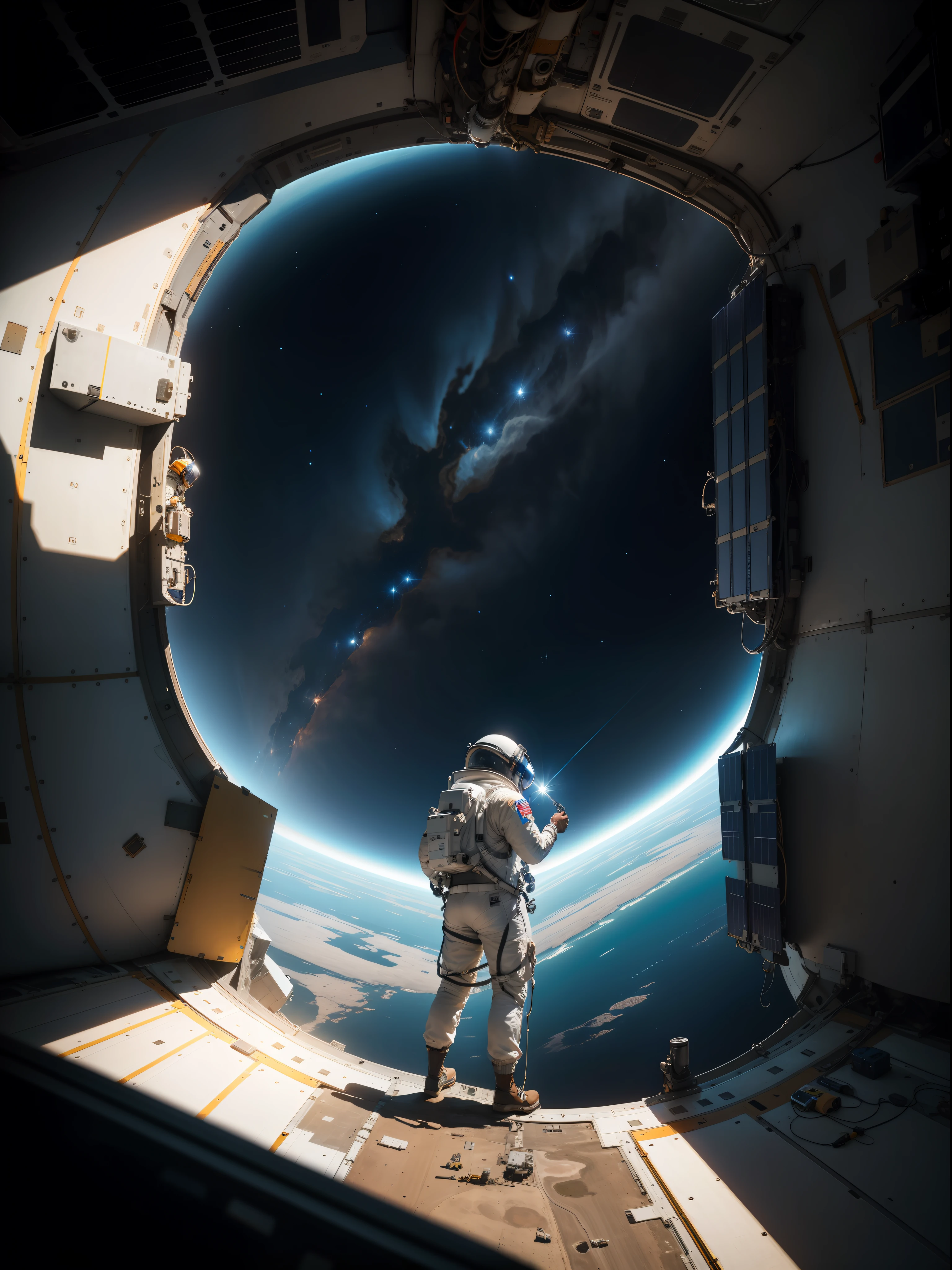 Imagine an astronaut outside the space station during a spacewalk, skillfully repairing a solar panel with tools in hand. Depict the breathtaking view of Earth below and the astronaut's determined expression as they work against the backdrop of the cosmos.8K Resolution,FujifilmXT3,Masterpiece Award Photography