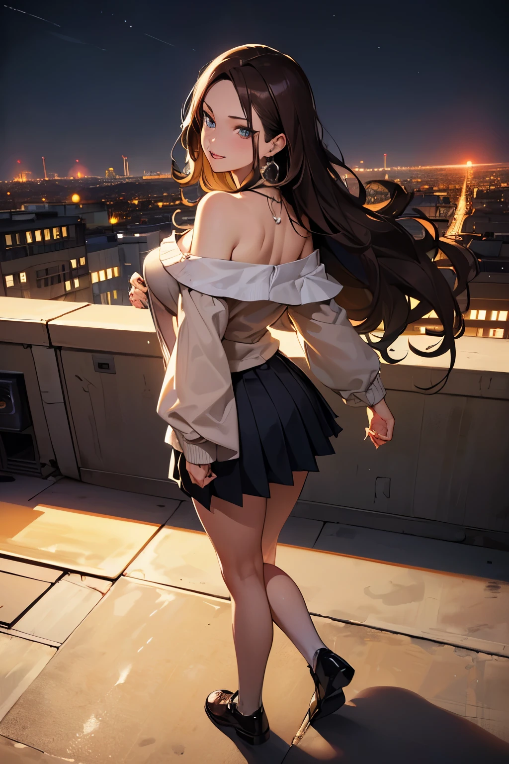 (masutepiece: 1.3), (max resolution: 1.2), (Ultra HDTV: 1.2), cinema lite, Ultra HDTV, (Detailed eyes and skin), (detailed facial features), ultgp, 8K resolution, Sharp Focus: 1.2, Perfect Style, Beautiful Face, accurate, Anatomically correct, Highly detailed face and skin texture, Detailed eyes, Dark-blue eyes, Double eyelids, Thin eyebrows, dropping eyes, (Glitter Eyeliner:1.2), Natural cheeks, Glossy skin, (Fair skin:1.2), shiny necklace and earrings, (Glossy lips: 1.4), break, absurderes, One-person viewpoint, (she is high school Student), (Wearing a Button up shirt, blazer, Pleated mini skirt), ((off-shoulder:1.3)), (embarrassed:1.2), (blush:1.2), ((Innocent and very cute girl:1.3)), (Layered hairstyle, Wavy Hair), (Dark brown hair:1.2), Medium Long Hair, (Full body shot: 1.2), Focus on Face, medium large breasts, (looking back at viewer:1.2), ((Dynamic sexy pose on Instagram:1.2)), ((In the School Rooftop:1.2)), ((background of night view:1.4)), (from behind:1.2)