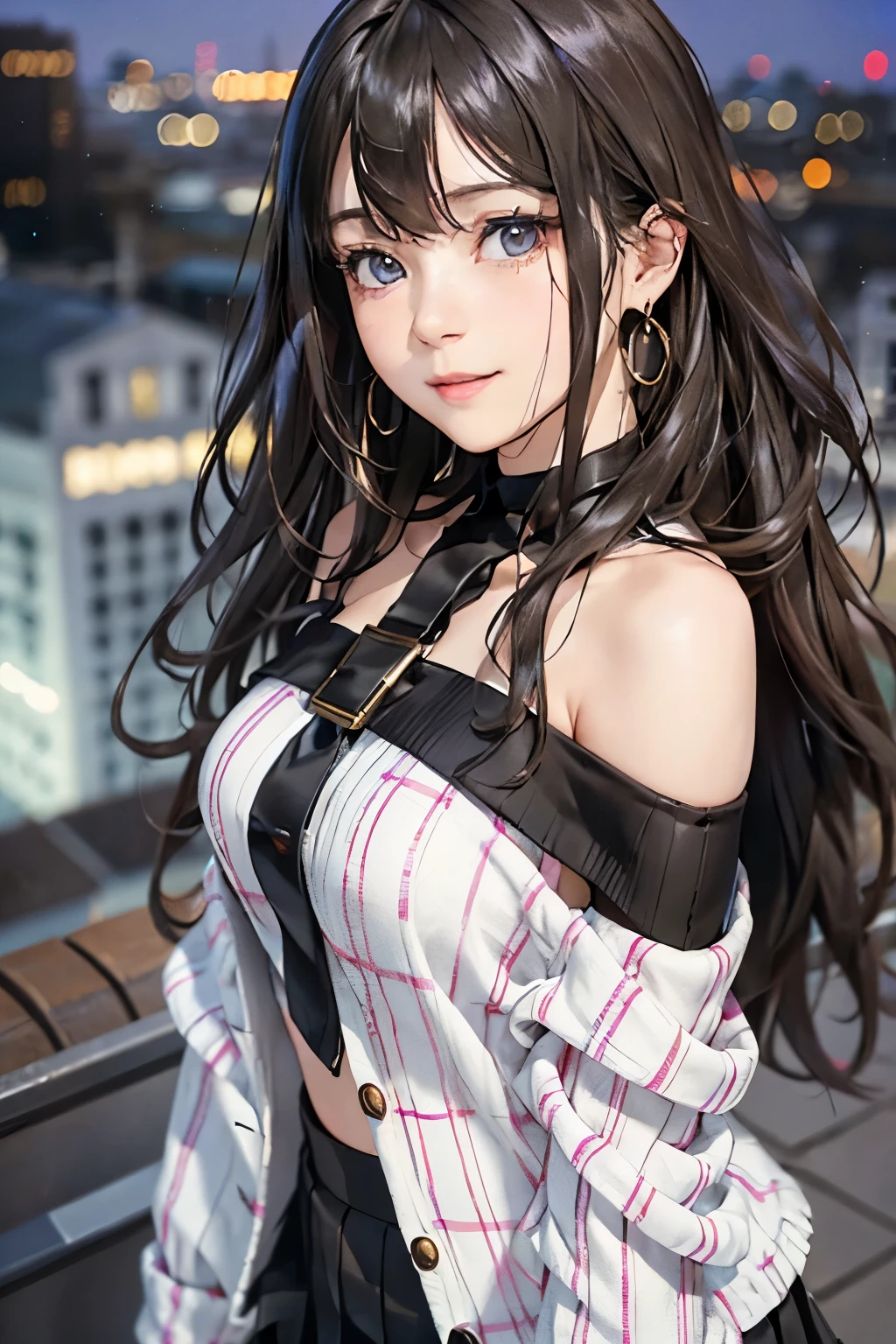 (masutepiece: 1.3), (max resolution: 1.2), (Ultra HDTV: 1.2), cinema lite, Ultra HDTV, (Detailed eyes and skin), (detailed facial features), ultgp, 8K resolution, Sharp Focus: 1.2, Perfect Style, Beautiful Face, accurate, Anatomically correct, Highly detailed face and skin texture, Detailed eyes, Dark-blue eyes, Double eyelids, Thin eyebrows, dropping eyes, (Glitter Eyeliner:1.2), Natural cheeks, Glossy skin, (Fair skin:1.2), shiny necklace and earrings, (Glossy lips: 1.4), break, absurderes, One-person viewpoint, (she is high school Student), (Wearing a Button up shirt, blazer, Pleated mini skirt), ((off-shoulder:1.3)), (shy smile:1.2), ((Innocent and very cute girl:1.3)), (Layered hairstyle, Wavy Hair), (Dark brown hair:1.2), Medium Long Hair, (Full body shot: 1.2), Focus on Face, medium , (looking back at viewer:1.2), (( pose on Instagram:1.2)), ((In the School Rooftop:1.2)), ((background of night view:1.4)), (:1.2)