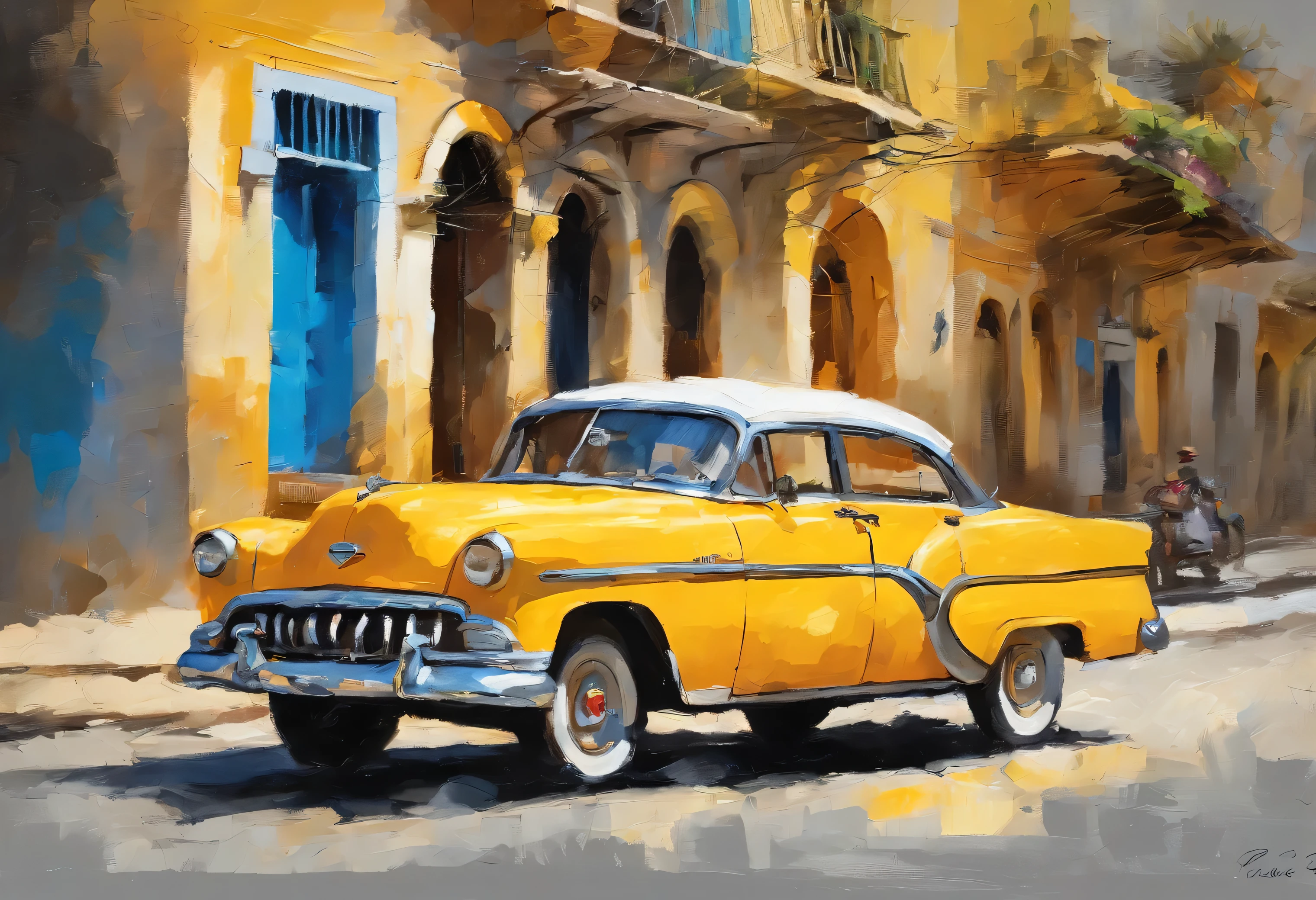 The image depicts a classic car in Cuba and is possibly a painting, sketch, drawing, or watercolor artwork. Perfect reflections. It captures an outdoor scene on a sunny morning day in the street, light grey and yellow and blue and beige colors only