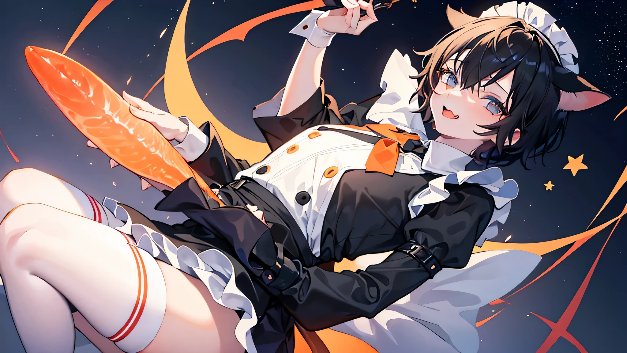 Boy, Femboy, short, one person, black short hair, no breasts, stockings, starry sky, shows tongue, looks at the viewer, maid apron and
orange sleeves, lifted his skirt and shows penis, Horny, cats ears,sexy pose, anime style, 16 thousand., Best quality, High detail, textured leather, UHD, Masterpiece, anatomically correct
