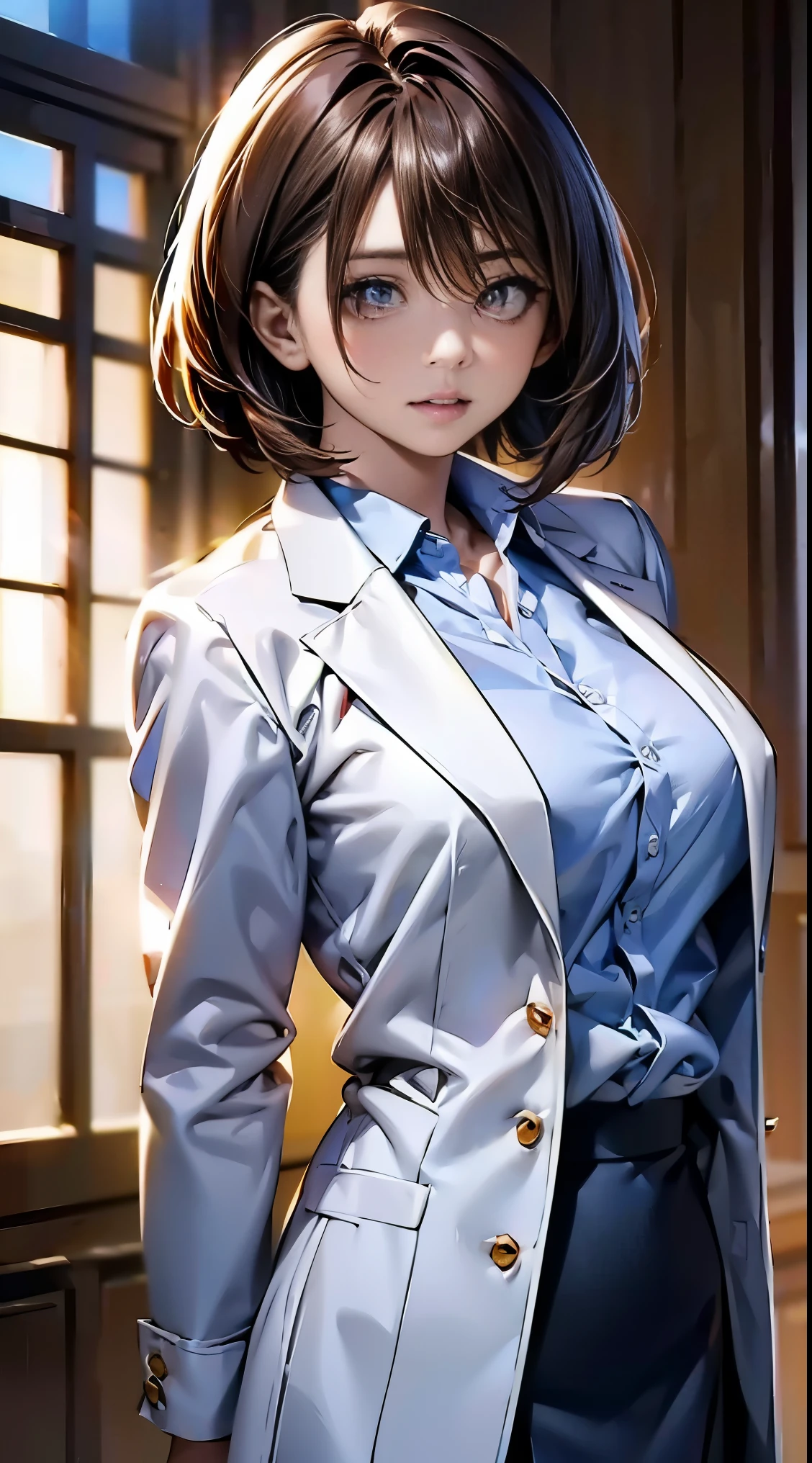 realistic beautiful doctor、amazingly beautiful、((doctor&#39;s white coat:1.8, collared shirt))、(highest quality、8k、32K、masterpiece、nfsw:1.3)、超A high resolution,(Photoreal:1.4),RAW photo, detailed face,,beautiful hair, ((doctor style)), , black tight skirt、 natural makeup,, big and full breasts、Inside the hospital, detailed background, perfect lighting, Depth of written boundary, beautiful shadow gradation,Stethoscope, ((strong shining eyes:1.6)), While tying your hair:1.4, ((medium bob:1.6, brown hair))