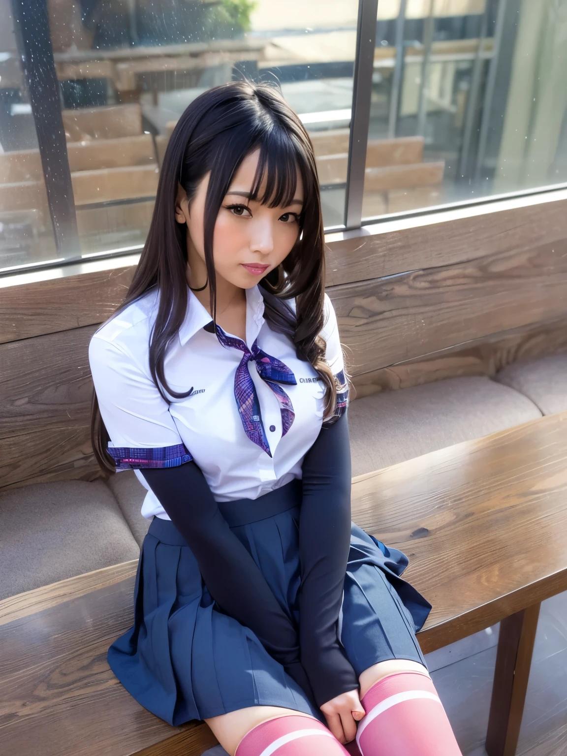 arafed asian woman in a school uniform sitting on a table, cute high school girl, japanese school uniform, japanese girl uniform, wearing japanese school uniform, wearing a skirt and high socks, Photo of high school girl posing, a hyperrealistic , Young and cute gravure idol, hyperrealistic , dressed like a high school girl, realistic , stockings and skirt