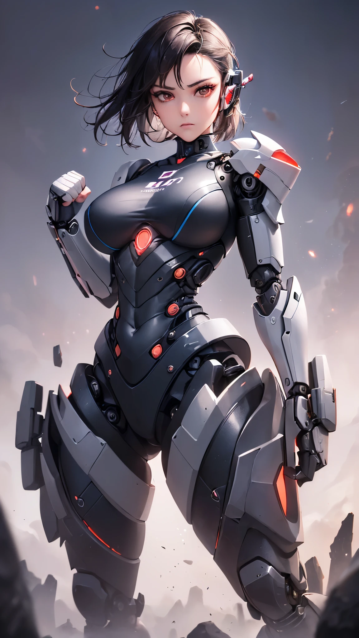 ((highest quality)),(ultra high resolution),(Super detailed),(detailed description),((best CG)),(best work of art),super precision art,amazing drawing art,(Sci-fi art with precise details:1.5), (female cyborg:1.6),(beautiful and well-shaped face:1.7),((partial mechanical body:1.5)), (raise your fist high:1.6),(standing strong:1.6)