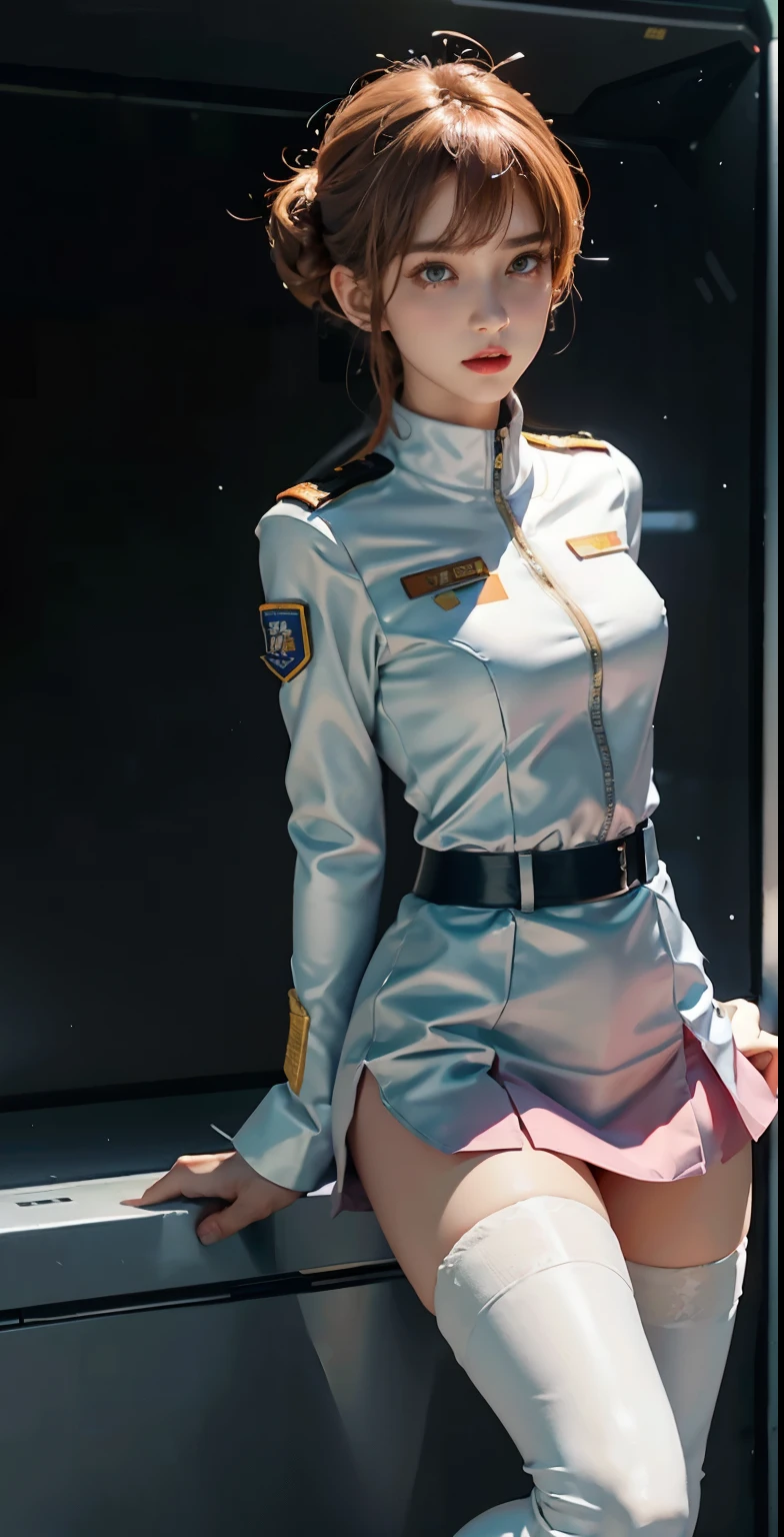 JK woman wearing federal military uniform, miniskirt bare legs、spread legsshow white panties,sexy、Wearing RR Diner uniform, wearing a space cadet costume, JK uniform, Pilot costume, Frau Bow、Pink Commonwealth Uniform、full uniform, wearing space tech wear, futuristic spaceship crew, white uniform, portrait anime space cadet girl, smooth white tight clothing suit, wearing a human air force jumpsuit, wearing an atompunk jumpsuit, girl in uniform