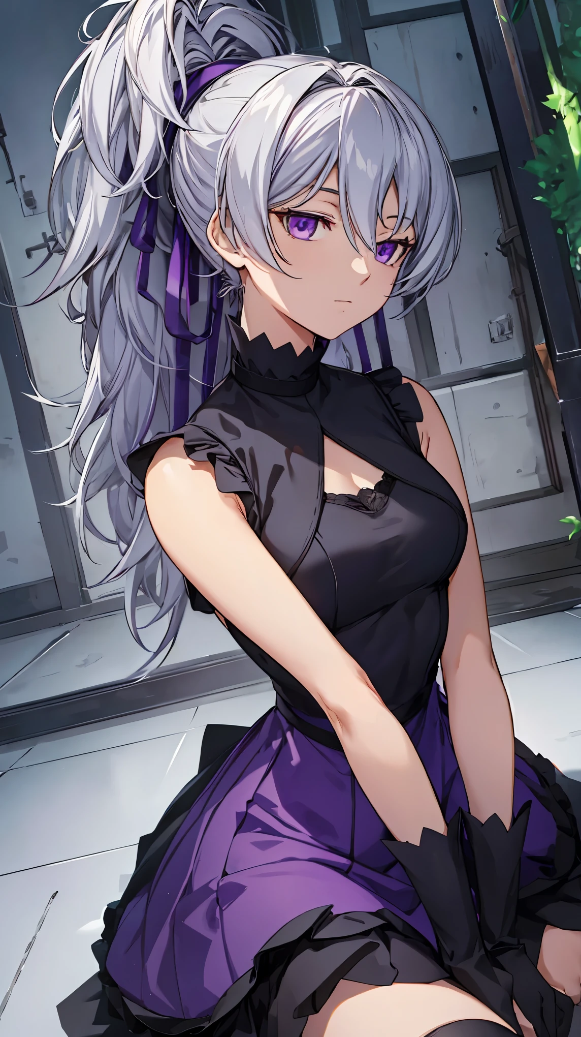 Are doing_darker_than_black, gray hair, purple eyes, ponytail, dark, No expression,small breasts,(black dress),upper body,top-quality,Top image quality,perfect anatomy,masterpiece,ultra-detailliert,Beautiful,ultra-quality, best quality,high resolution, ultra-detailed,game cg,dutch angle ,((beautiful detailed eyes)),visualart,five fingers, perfect hands,