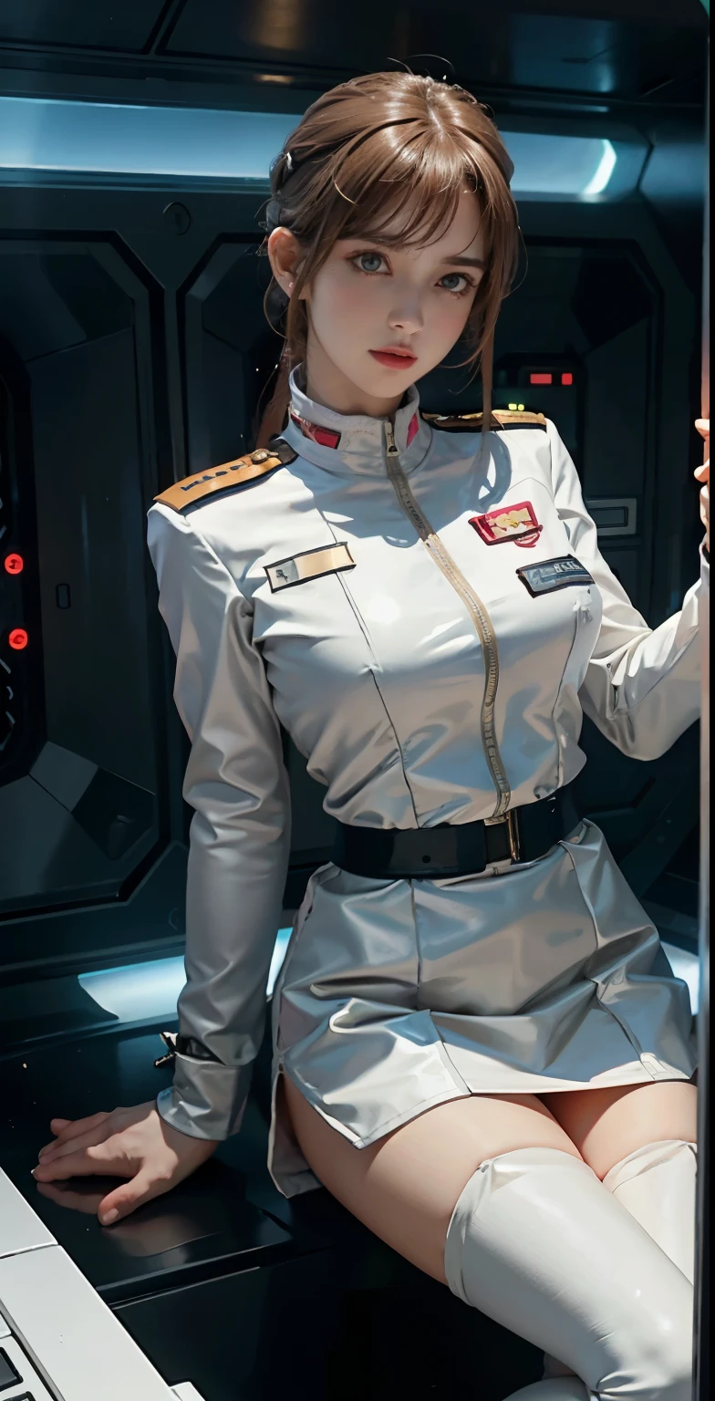 JK woman wearing federal military uniform, miniskirt bare legs、spread legsshow white panties,sexy、Wearing RR Diner uniform, wearing a space cadet costume, JK uniform, Pilot costume, Frau Bow、Pink Commonwealth Uniform、full uniform, wearing space tech wear, futuristic spaceship crew, white uniform, portrait anime space cadet girl, smooth white tight clothing suit, wearing a human air force jumpsuit, wearing an atompunk jumpsuit, girl in uniform