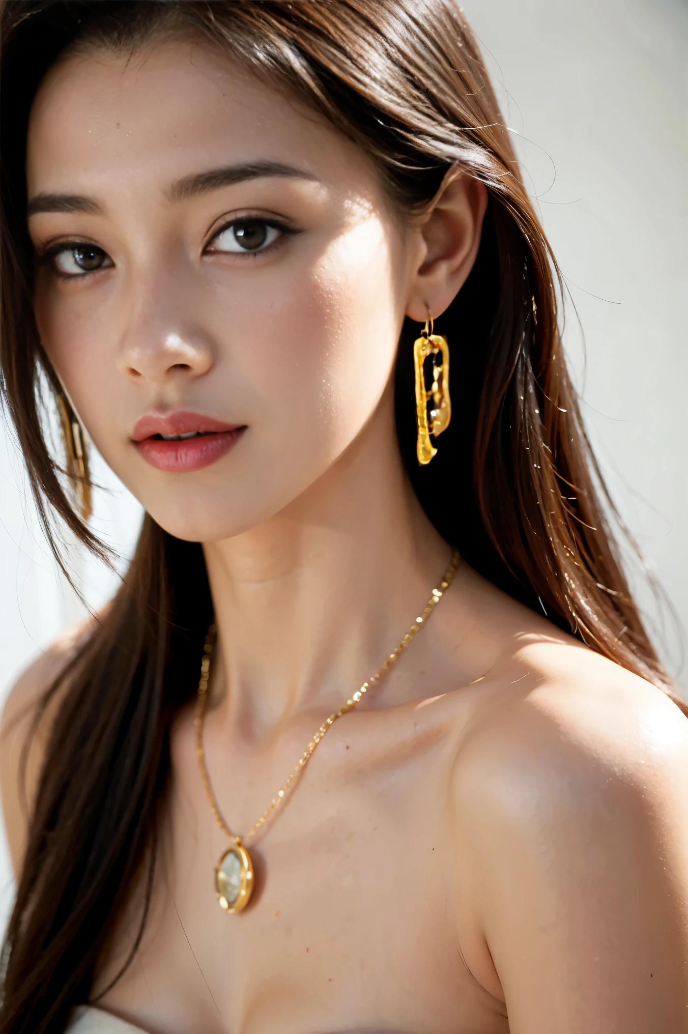 (masterpiece:1.3), (8 thousand, realistic, RAW photos, best quality: 1.4), (1 woman), (an exceptionally beautiful face), (incredibly beautiful body), (long eyelashes), (double eyelid), , (realistic face), (brown hair, long hair:1.3), beautiful hairstyle, realistic eyes, beautiful and delicate eyes, (realistic skin), beautiful skin, (blouse), absurd, attractive, ultra high resolution, extremely realistic, very detailed, golden ratio, naked,(Earrings), (necklace)