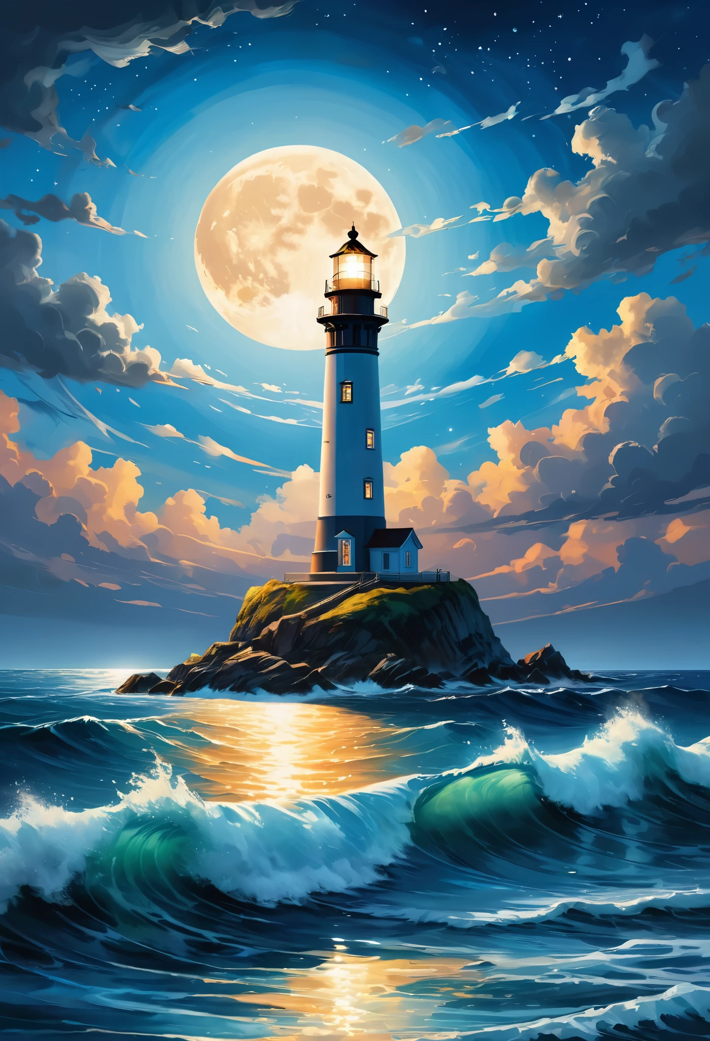 ,lighthouse in the center of the sea,nighttime,blue sky,oil painting style,depth,comic book,illustration,light reflection on the water,high waves,detailed clouds,starlit sky,bright moon,limited color palette,calm sea,artistic interpretation,peaceful atmosphere,(best quality,4k,8k,highres,masterpiece:1.2),ultra-detailed,(realistic,photorealistic,photo-realistic:1.37),HDR,UHD,studio lighting,ultra-fine painting,sharp focus,physically-based rendering,extreme detail description,professional,vivid colors,bokeh,portraits