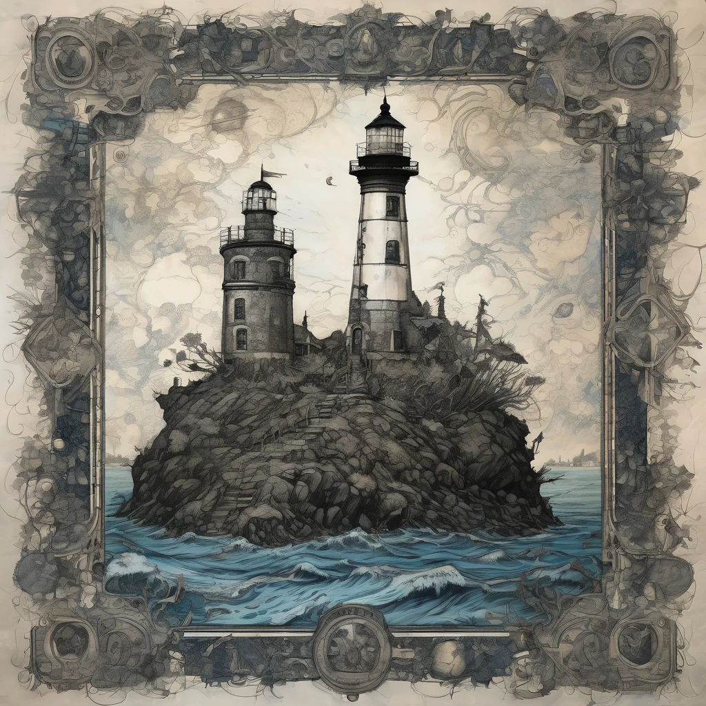 Lighthouse, aesthetic, extremely detailed, Daniel Merriam, by john blanche, M. C. Esher, ink drawing, dirty ink, frostpunk, lighthouse, blue ink ocean, lighthouse on an island, black ink