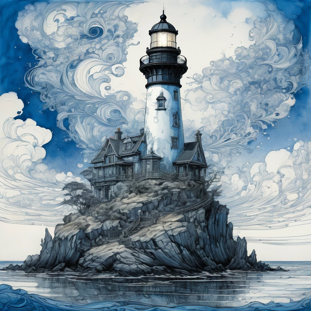 Lighthouse, aesthetic, extremely detailed, Daniel Merriam, by john blanche, M. C. Esher, ink drawing, dirty ink, frostpunk, lighthouse, blue ink ocean, lighthouse on an island, black ink