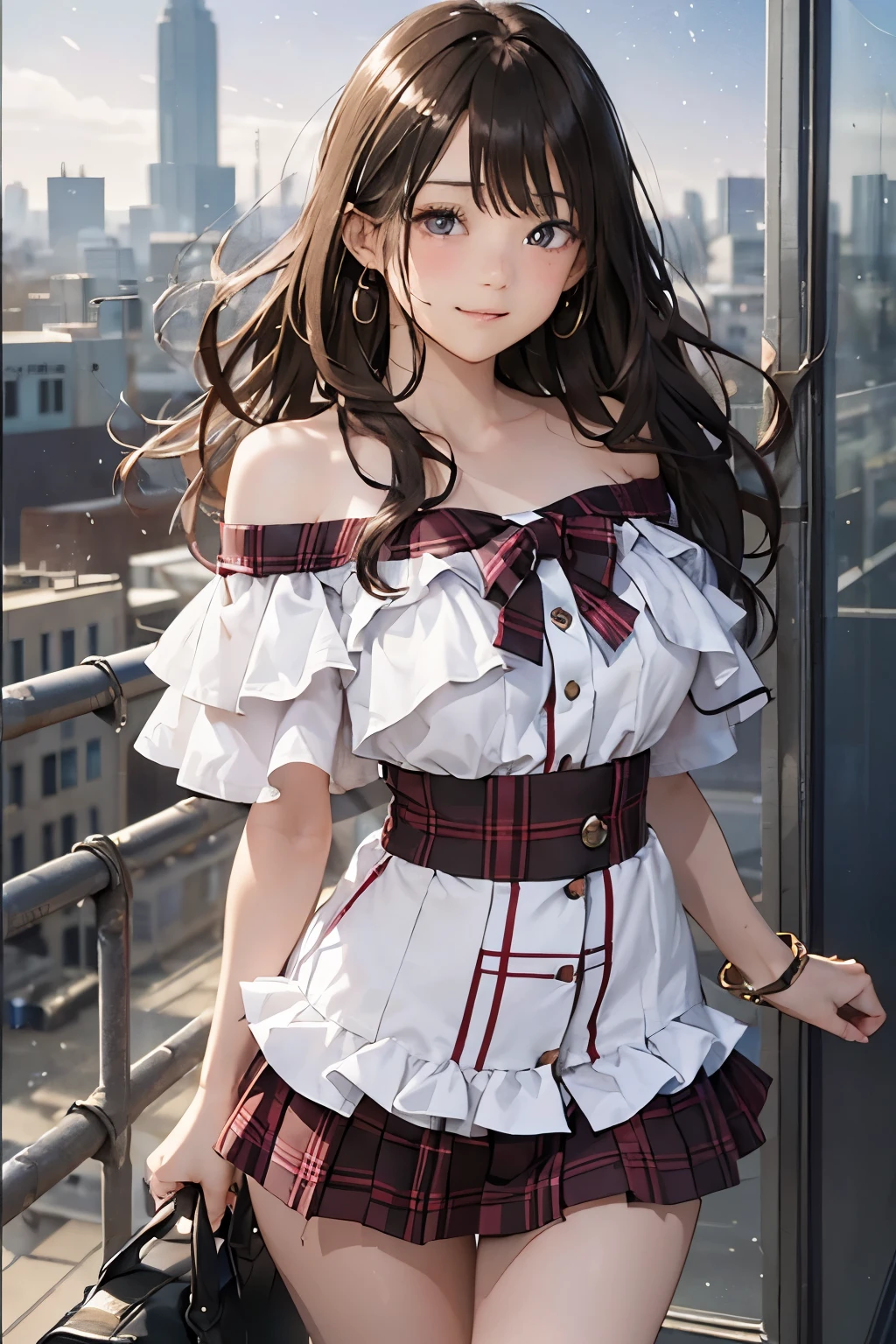 (masutepiece: 1.3), (max resolution: 1.2), (Ultra HDTV: 1.2), cinema lite, Ultra HDTV, (Detailed eyes and skin), (detailed facial features), ultgp, 8K resolution, Sharp Focus: 1.2, Perfect Style, Beautiful Face, accurate, Anatomically correct, Highly detailed face and skin texture, Detailed eyes, Dark-blue eyes, Double eyelids, Thin eyebrows, dropping eyes, (Glitter Eyeliner:1.2), Natural cheeks, Glossy skin, (Fair skin:1.2), shiny necklace and earrings, (Glossy lips: 1.4), break, absurderes, One-person viewpoint, (she is high school Student), (Wearing a Button up shirt, blazer, Pleated mini skirt), ((off-shoulder:1.3)), (shy smile:1.2), ((Innocent and very cute girl:1.3)), (Layered hairstyle, Wavy Hair), (Dark brown hair:1.2), Medium Long Hair, (Full body shot: 1.2), Focus on Face, medium large breasts, (looking back at viewer:1.2), ((sexy pose on Instagram:1.2)), ((In the School Rooftop:1.2)), ((background of night view:1.4)), (from behind:1.2)