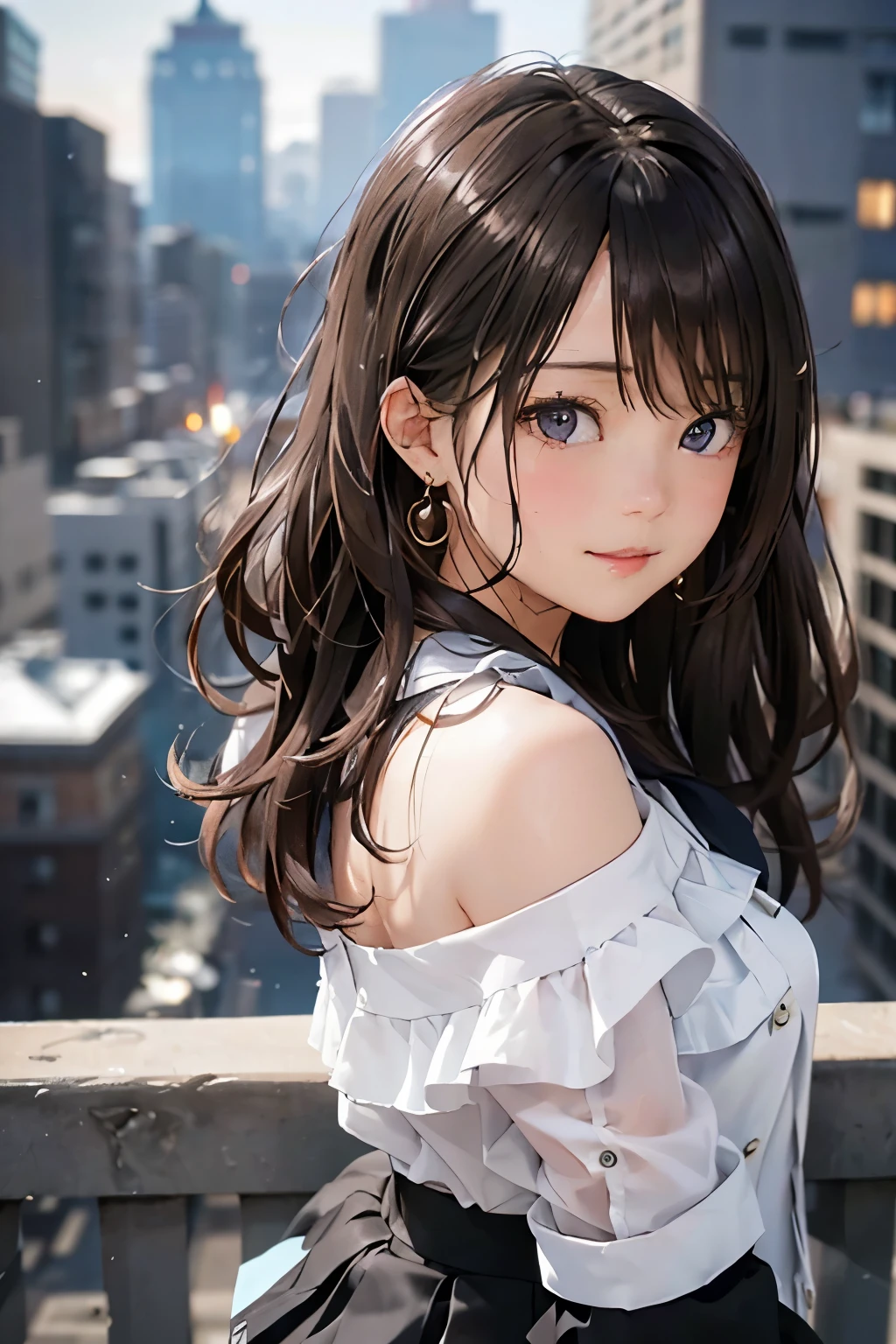 (masutepiece: 1.3), (max resolution: 1.2), (Ultra HDTV: 1.2), cinema lite, Ultra HDTV, (Detailed eyes and skin), (detailed facial features), ultgp, 8K resolution, Sharp Focus: 1.2, Perfect Style, Beautiful Face, accurate, Anatomically correct, Highly detailed face and skin texture, Detailed eyes, Dark-blue eyes, Double eyelids, Thin eyebrows, dropping eyes, (Glitter Eyeliner:1.2), Natural cheeks, Glossy skin, (Fair skin:1.2), shiny necklace and earrings, (Glossy lips: 1.4), break, absurderes, One-person viewpoint, (she is high school Student), (Wearing a Button up shirt, blazer, Pleated mini skirt), ((off-shoulder:1.3)), (shy smile:1.2), ((Innocent and very cute girl:1.3)), (Layered hairstyle, Wavy Hair), (Dark brown hair:1.2), Medium Long Hair, (Full body shot: 1.2), Focus on Face, medium large breasts, (looking back at viewer:1.2), ((sexy pose on Instagram:1.2)), ((In the School Rooftop:1.2)), ((background of night view:1.4)), (from behind:1.2)