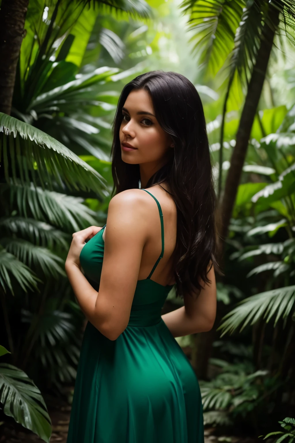 A woman in a green dress standing in a forest - SeaArt AI